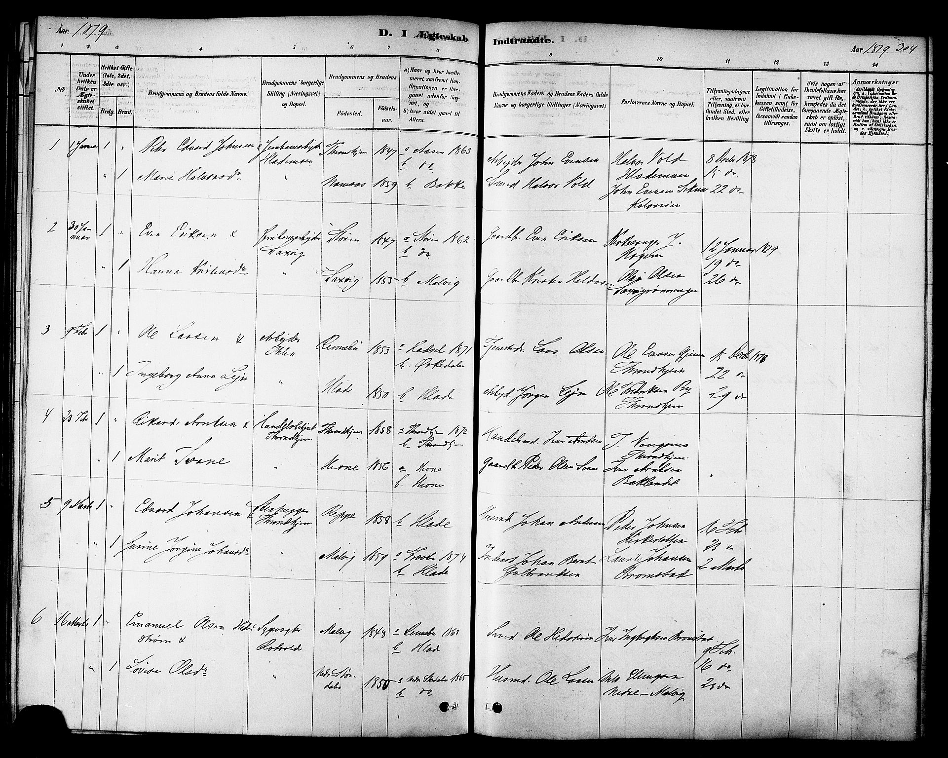 Ministerialprotokoller, klokkerbøker og fødselsregistre - Sør-Trøndelag, SAT/A-1456/606/L0294: Parish register (official) no. 606A09, 1878-1886, p. 304