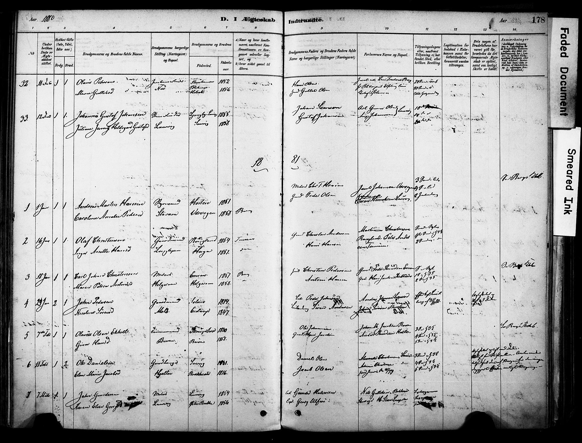 Brunlanes kirkebøker, AV/SAKO-A-342/F/Fc/L0001: Parish register (official) no. III 1, 1878-1899, p. 178