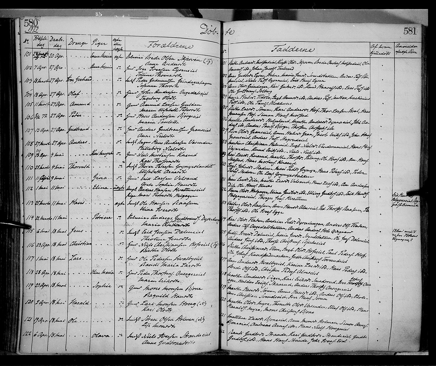 Gran prestekontor, AV/SAH-PREST-112/H/Ha/Haa/L0012: Parish register (official) no. 12, 1856-1874, p. 580-581