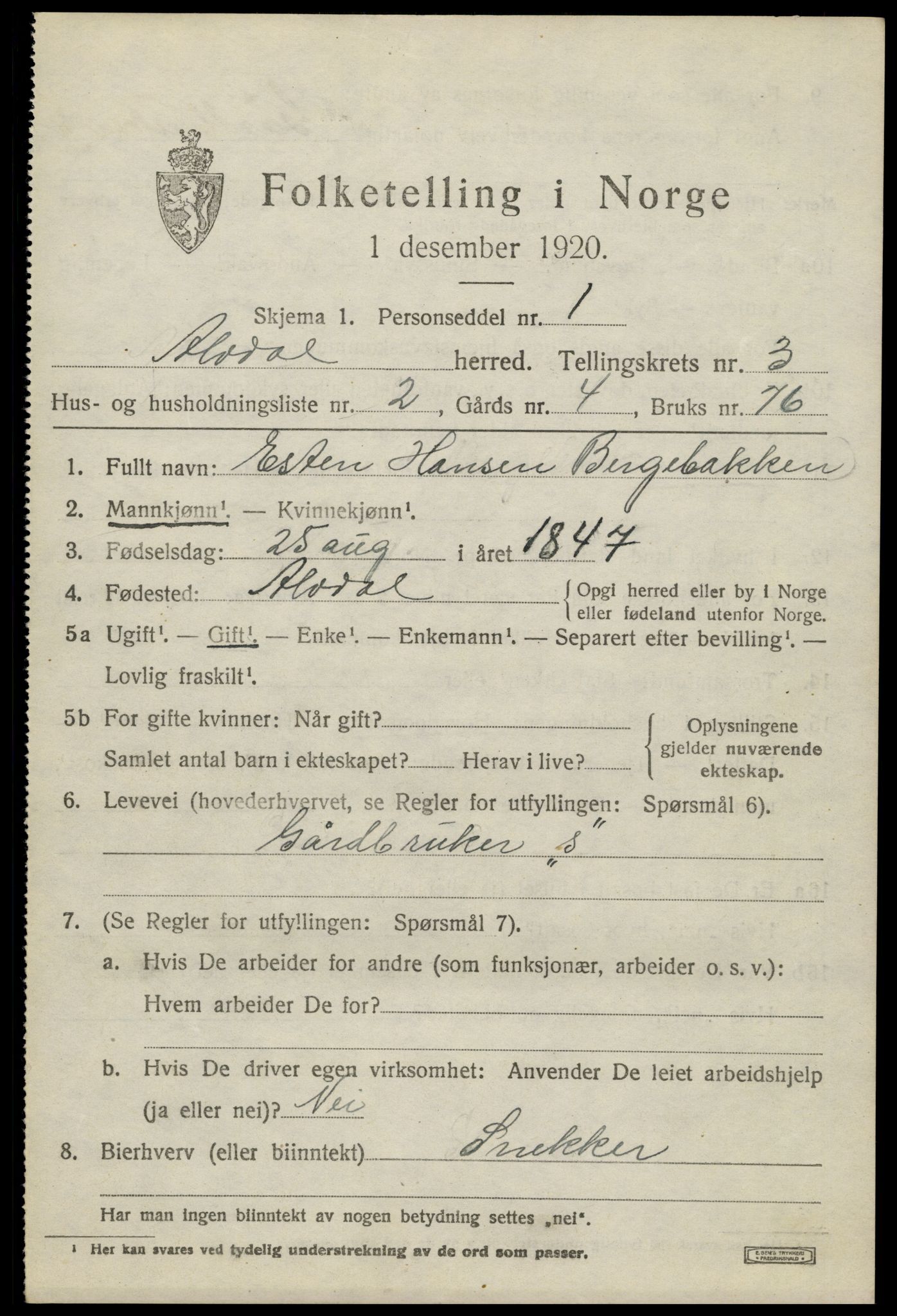 SAH, 1920 census for Alvdal, 1920, p. 1690