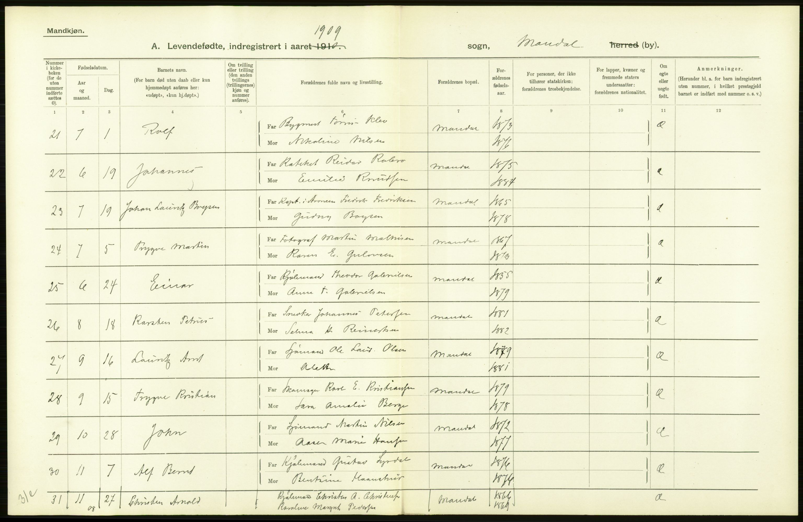 Statistisk sentralbyrå, Sosiodemografiske emner, Befolkning, AV/RA-S-2228/D/Df/Dfa/Dfag/L0023: Lister og Mandals amt: Levendefødte menn og kvinner. Bygder og byer., 1909, p. 14