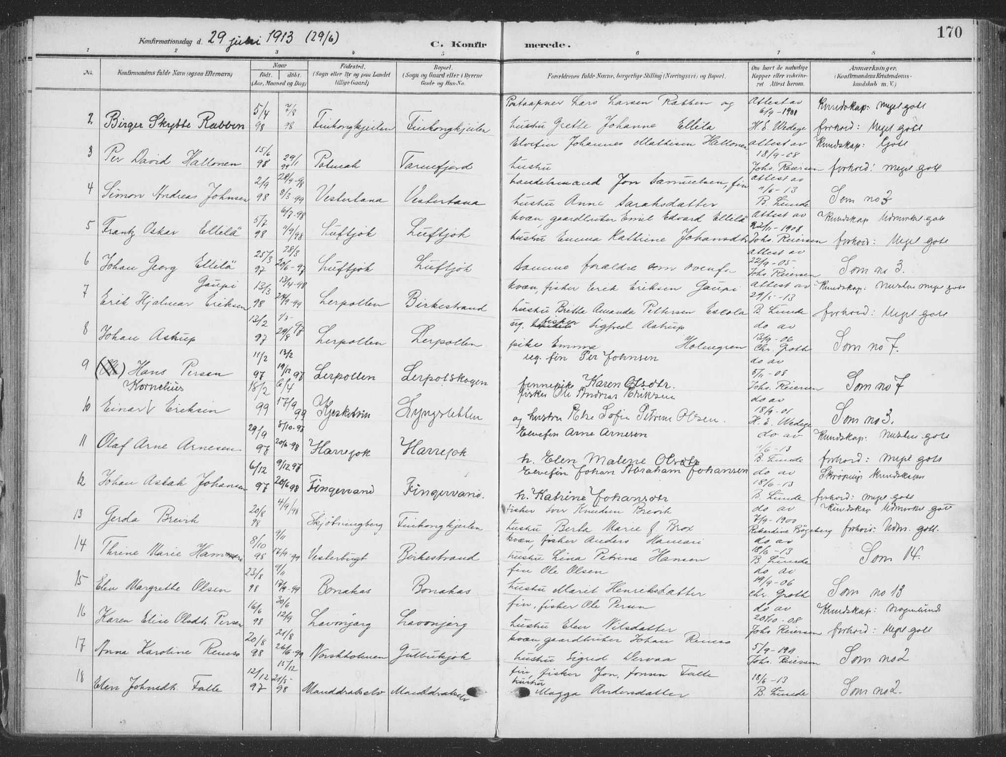 Tana sokneprestkontor, SATØ/S-1334/H/Ha/L0007kirke: Parish register (official) no. 7, 1904-1918, p. 170