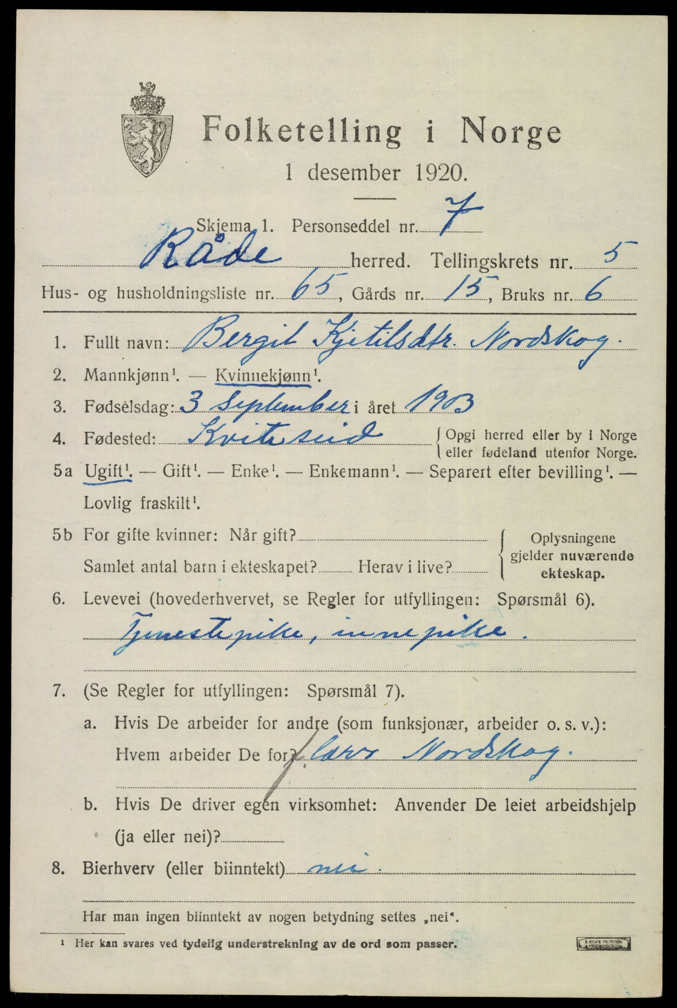 SAO, 1920 census for Råde, 1920, p. 5599