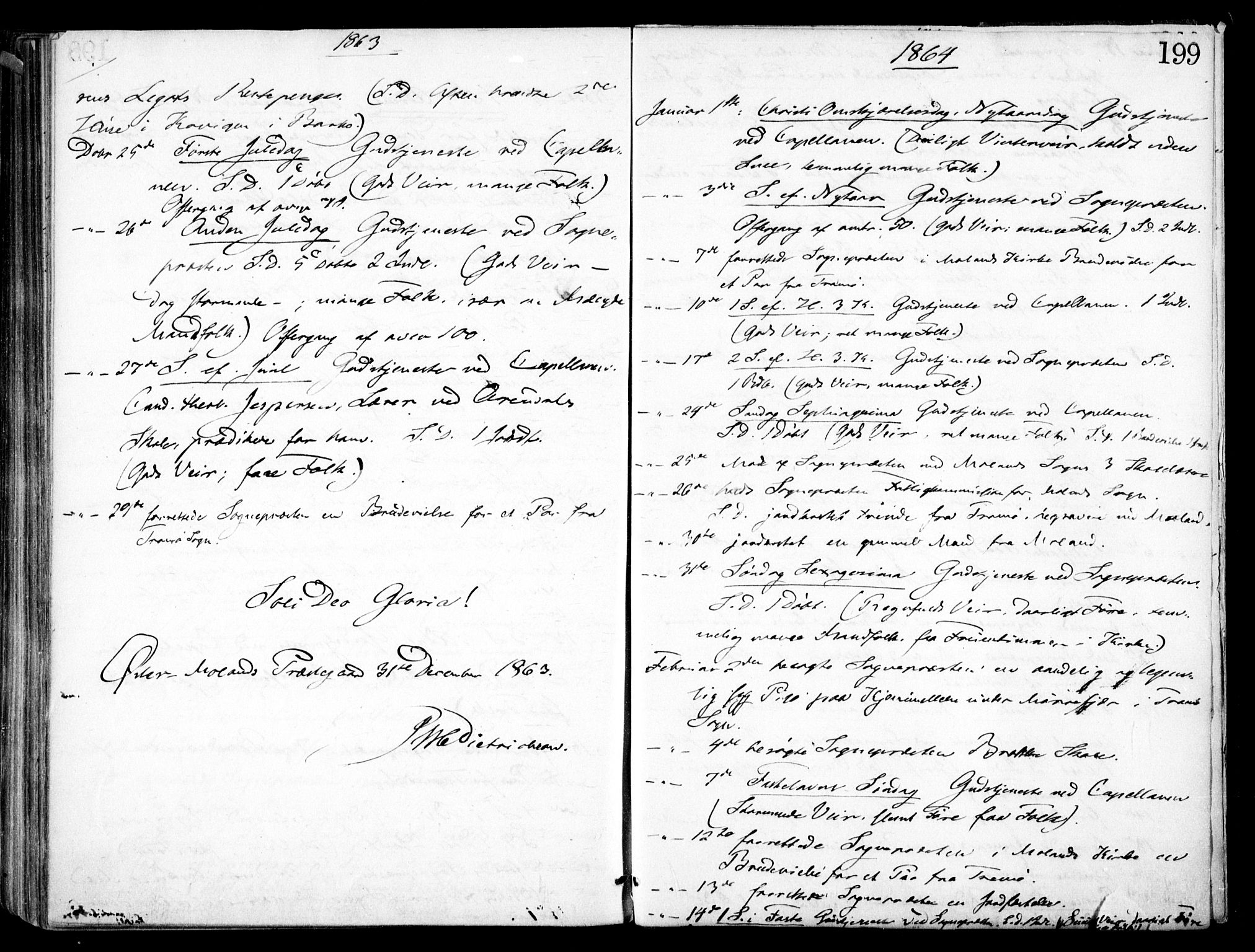 Austre Moland sokneprestkontor, SAK/1111-0001/F/Fa/Faa/L0008: Parish register (official) no. A 8, 1858-1868, p. 199