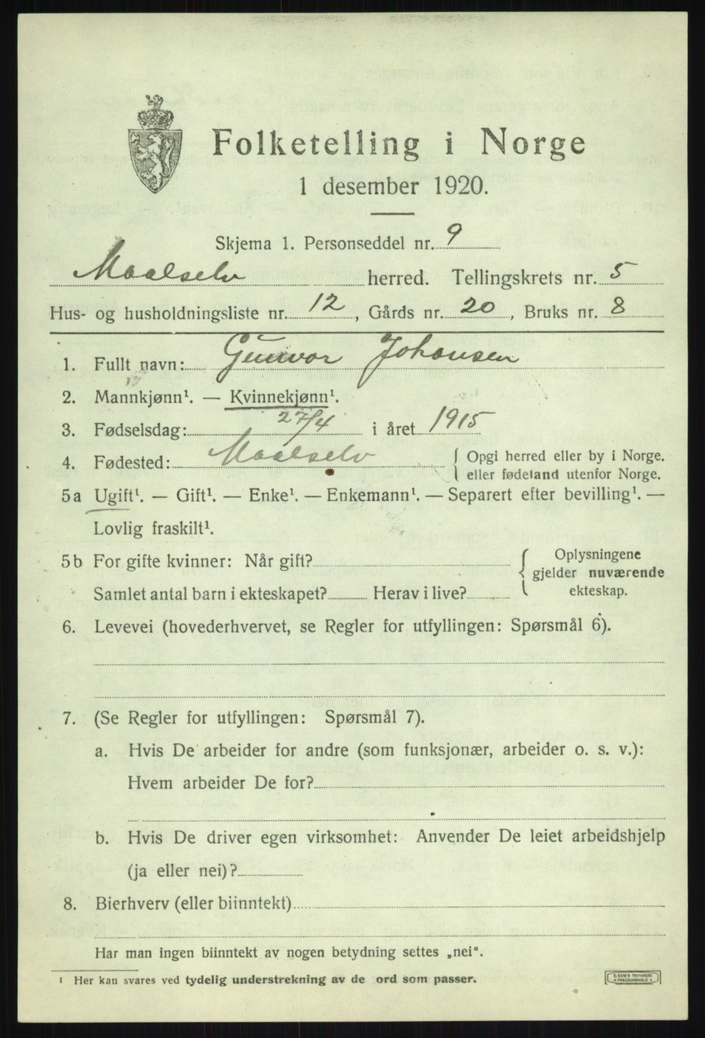 SATØ, 1920 census for Målselv, 1920, p. 3315