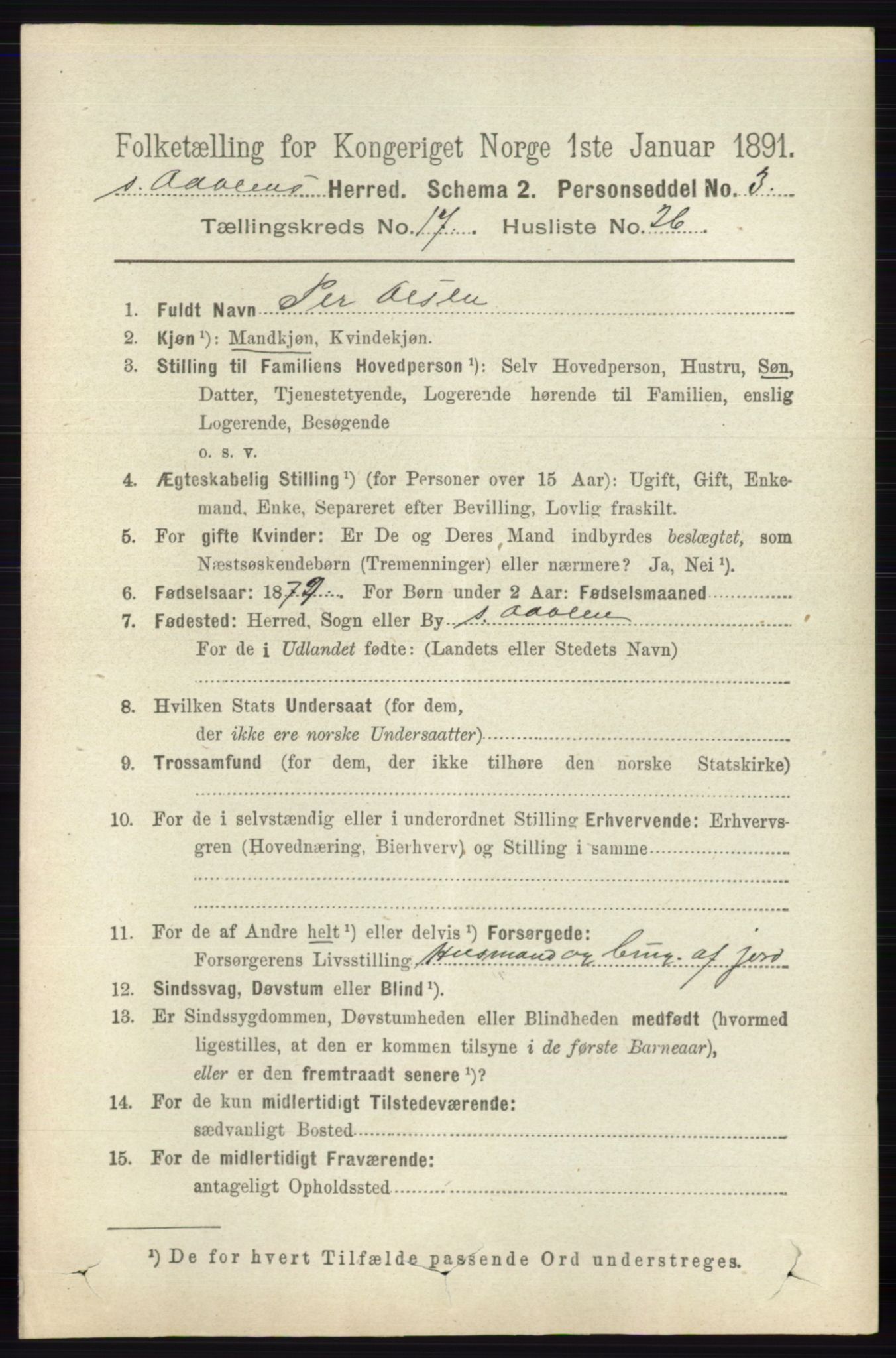 RA, 1891 census for 0419 Sør-Odal, 1891, p. 8014