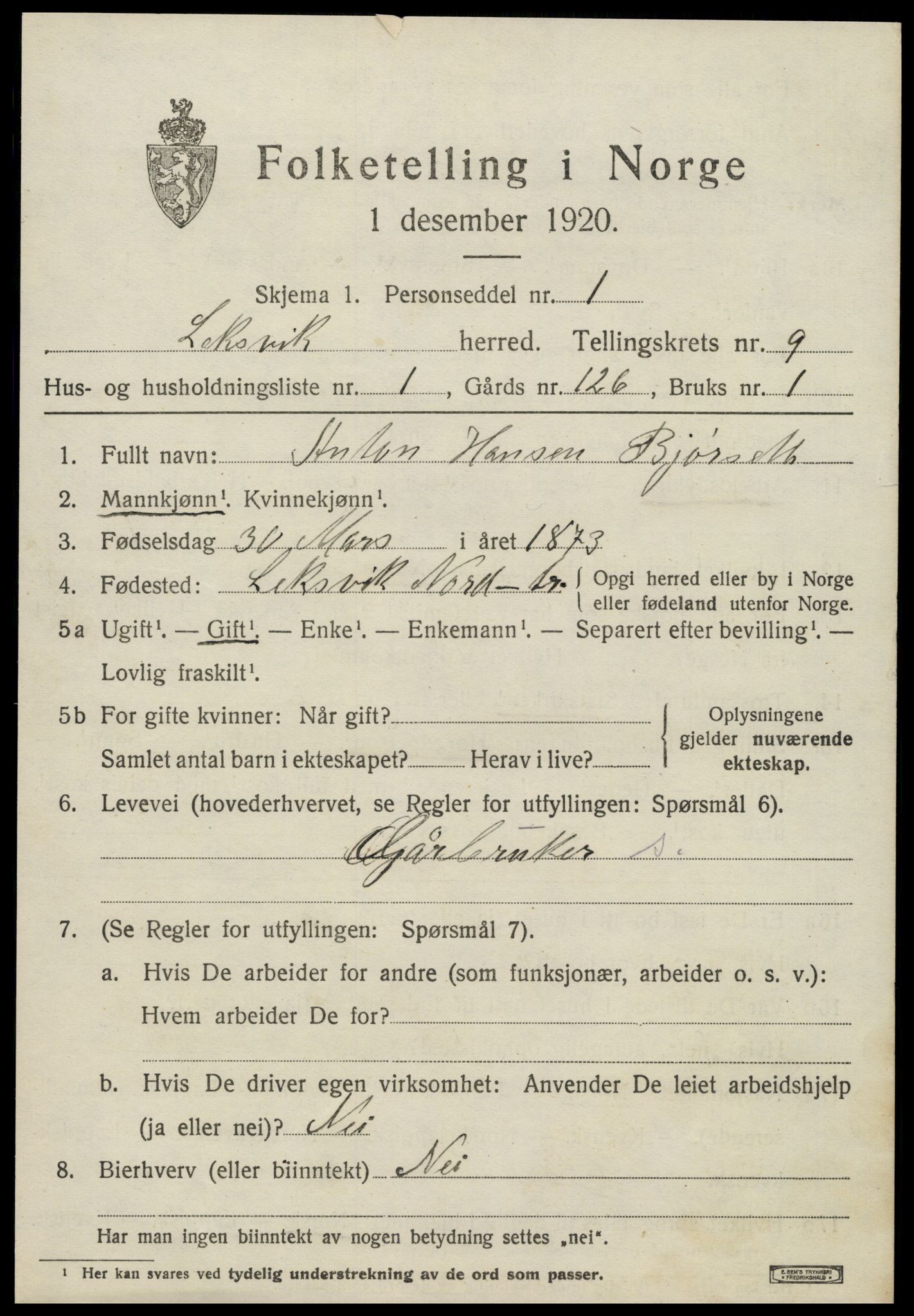 SAT, 1920 census for Leksvik, 1920, p. 6868