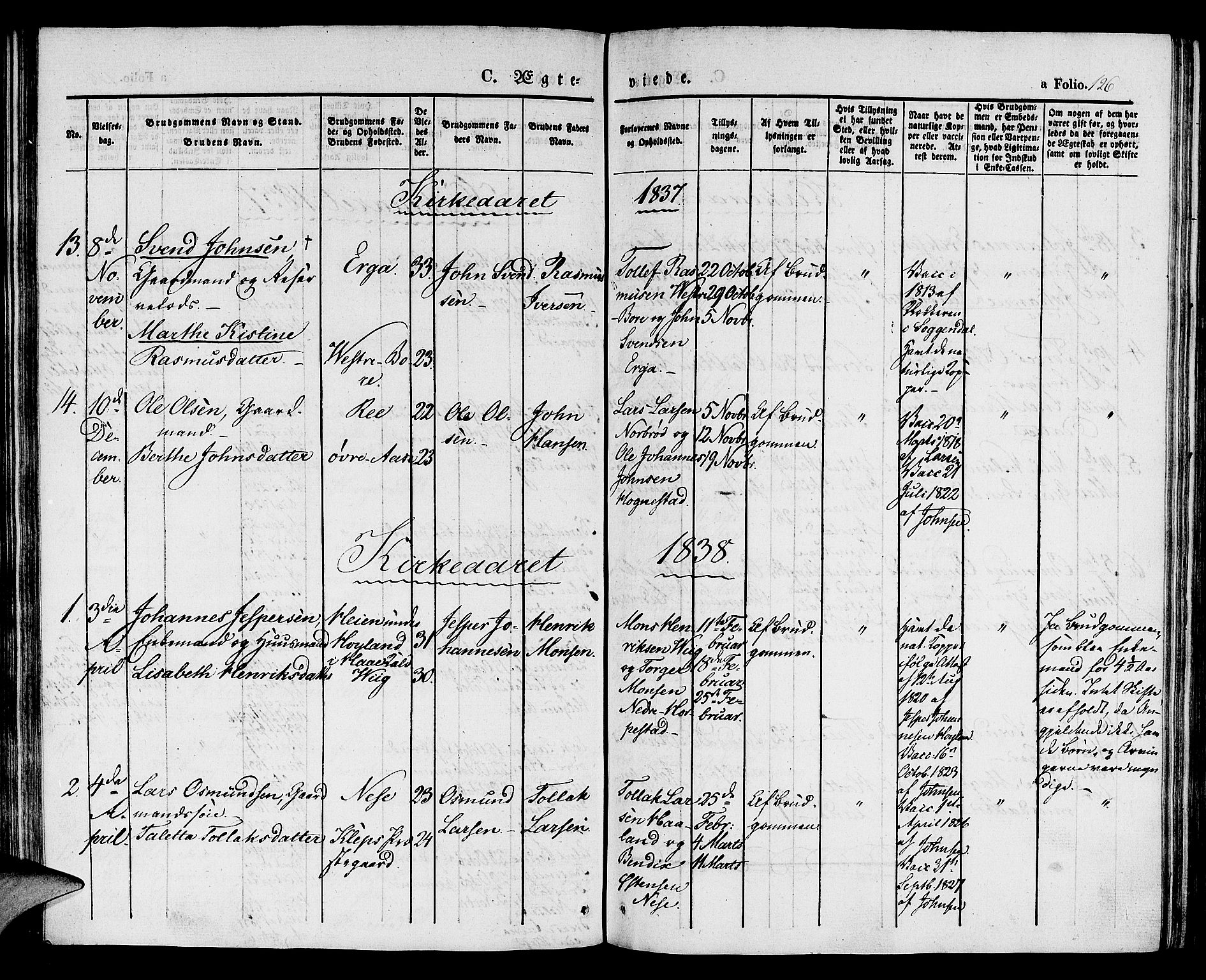 Klepp sokneprestkontor, SAST/A-101803/001/3/30BA/L0003: Parish register (official) no. A 3, 1833-1842, p. 126