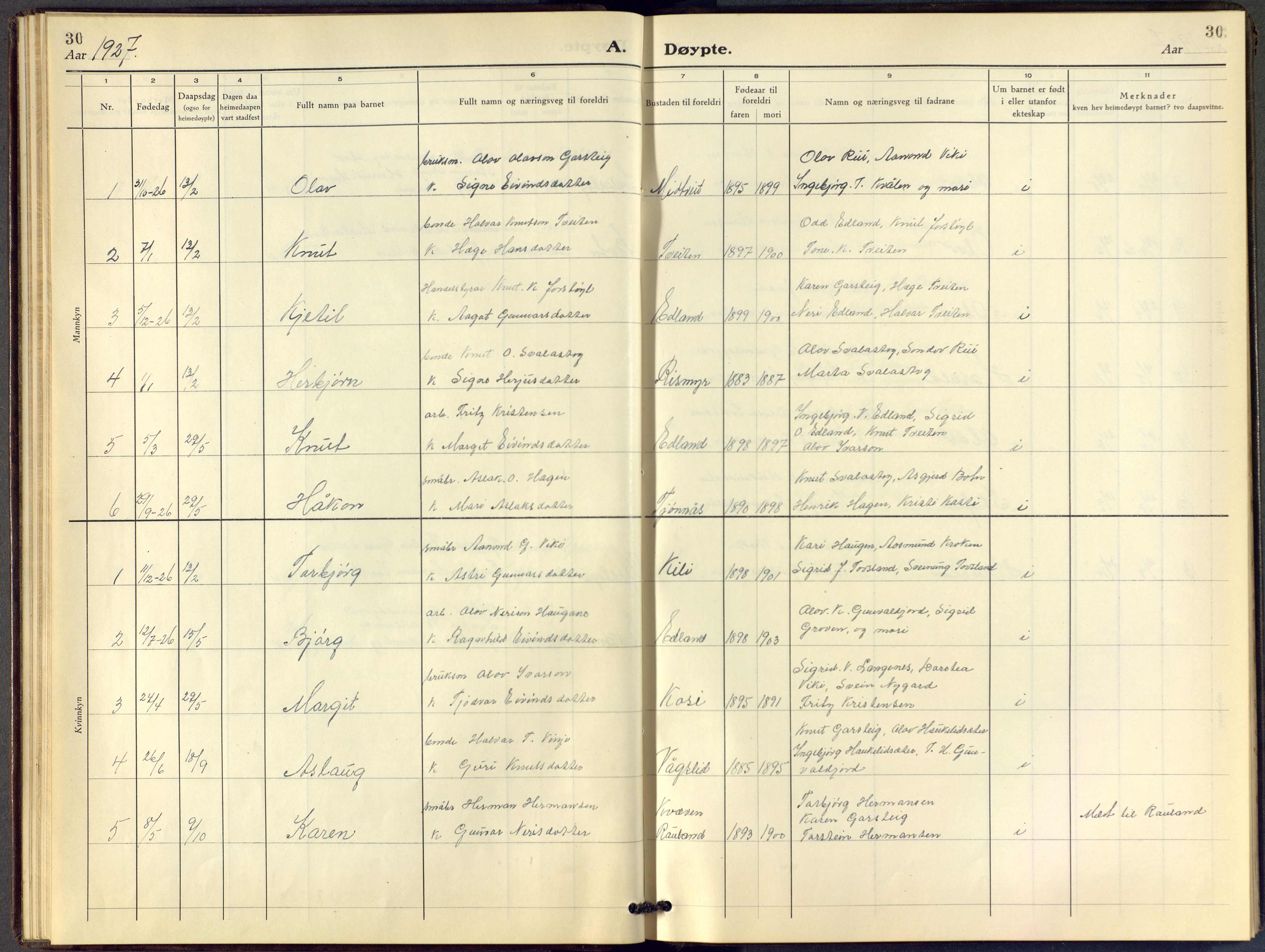 Vinje kirkebøker, SAKO/A-312/F/Fc/L0002: Parish register (official) no. III 2, 1921-1943, p. 30