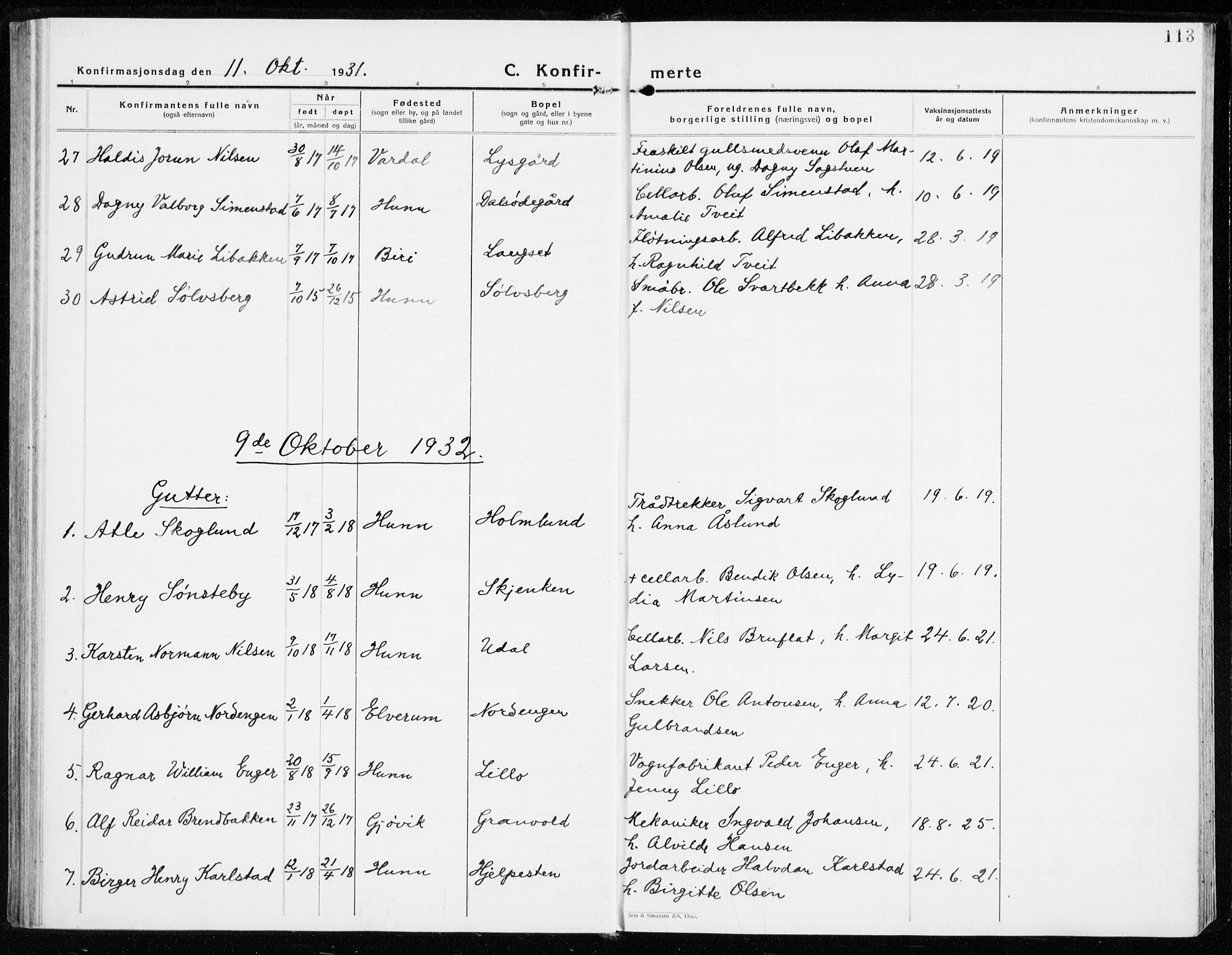 Vardal prestekontor, SAH/PREST-100/H/Ha/Haa/L0018: Parish register (official) no. 18, 1930-1945, p. 113