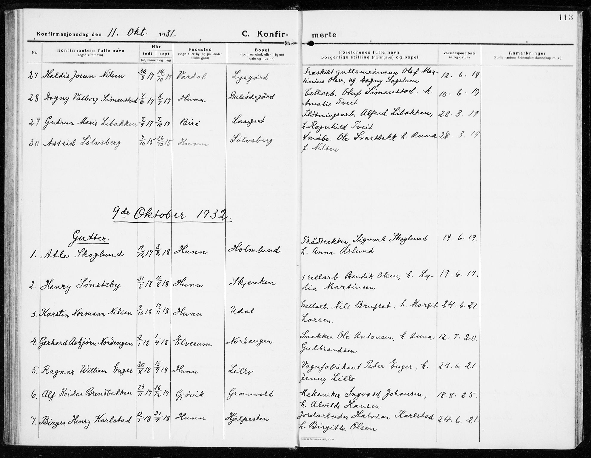 Vardal prestekontor, AV/SAH-PREST-100/H/Ha/Haa/L0018: Parish register (official) no. 18, 1930-1945, p. 113