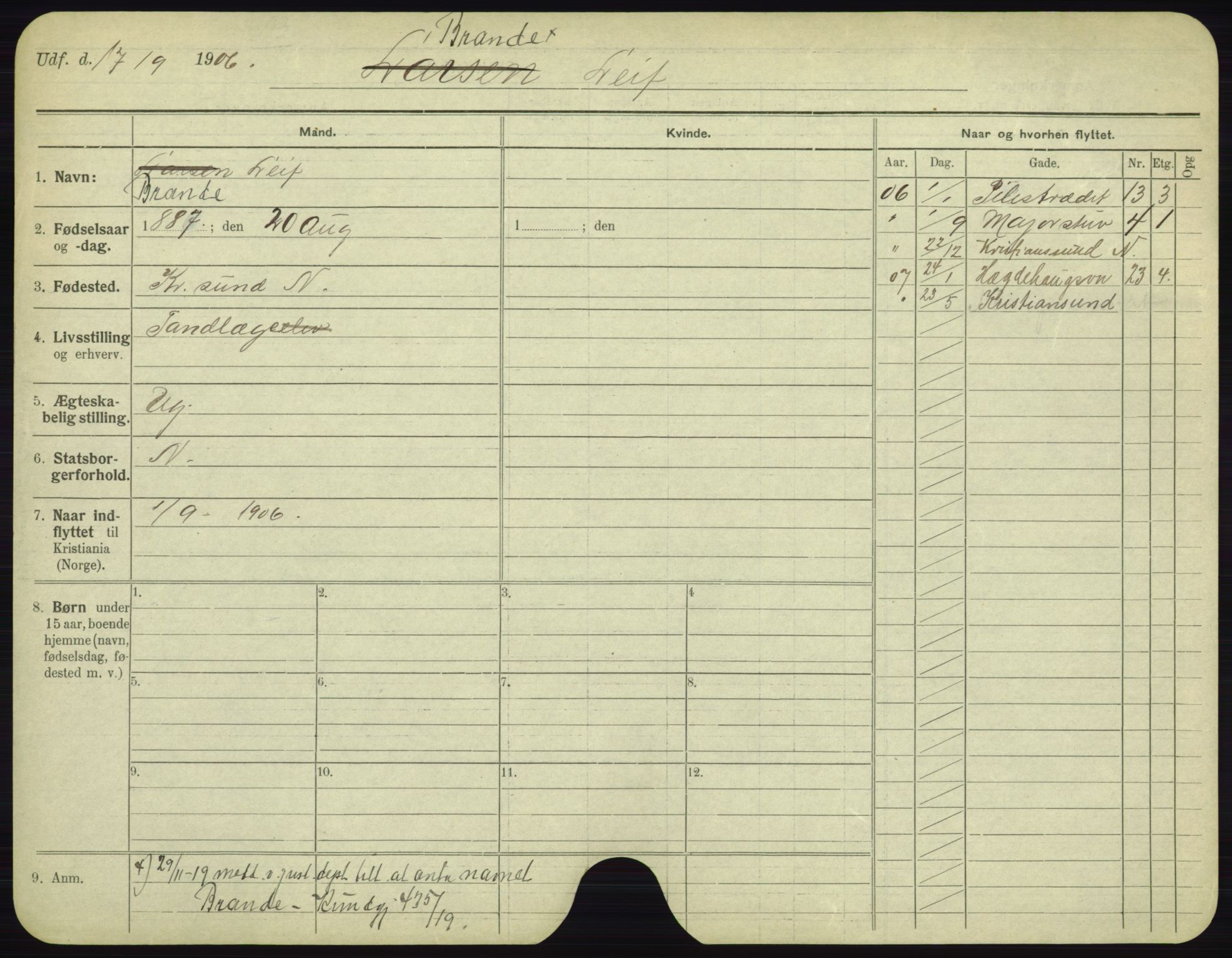 Oslo folkeregister, Registerkort, AV/SAO-A-11715/F/Fa/Fac/L0002: Menn, 1906-1914, p. 204a