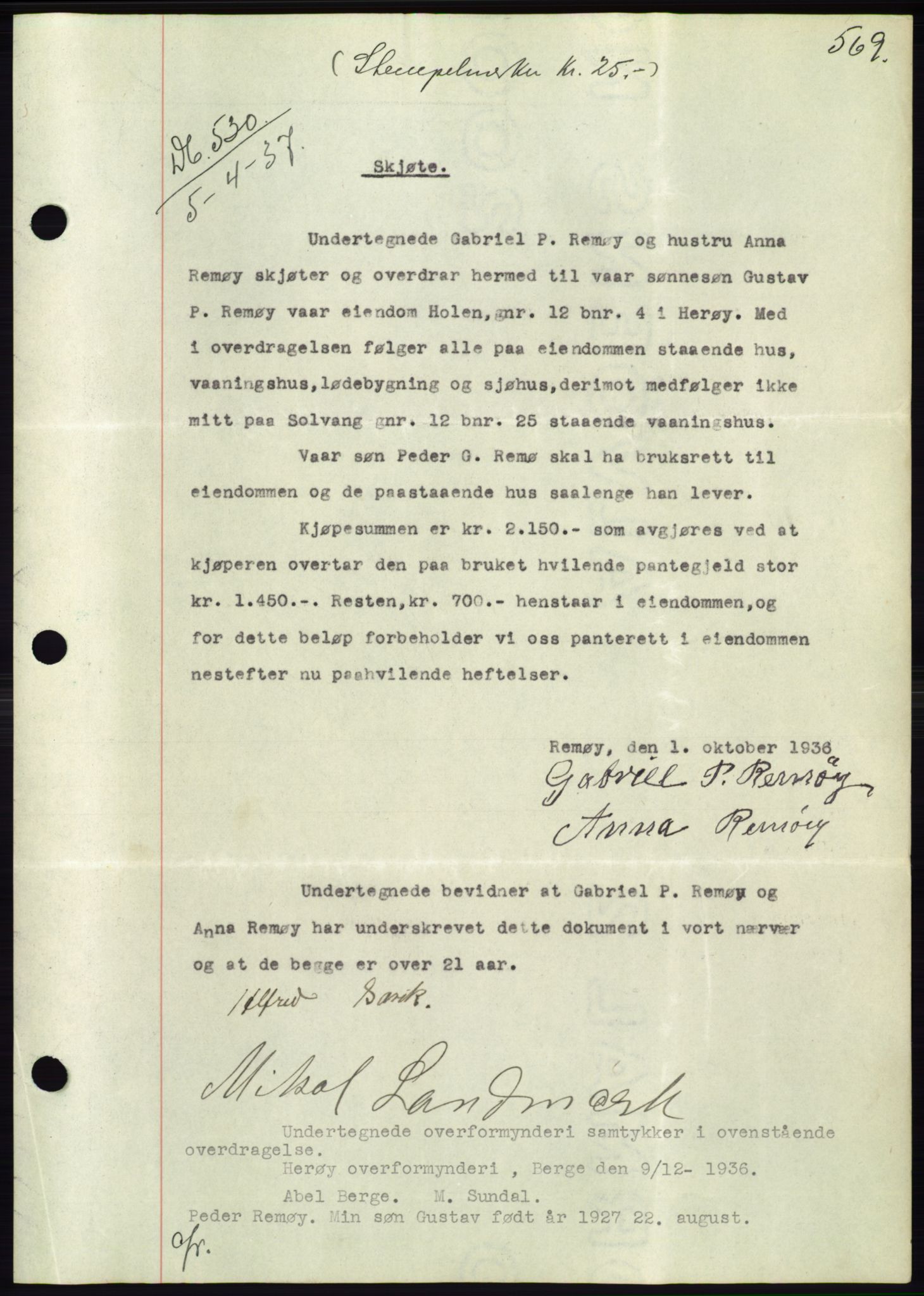 Søre Sunnmøre sorenskriveri, SAT/A-4122/1/2/2C/L0062: Mortgage book no. 56, 1936-1937, Diary no: : 530/1937