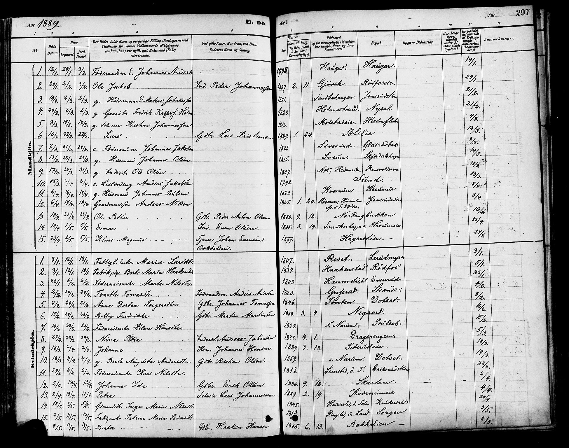Vestre Toten prestekontor, SAH/PREST-108/H/Ha/Haa/L0009: Parish register (official) no. 9, 1878-1894, p. 297