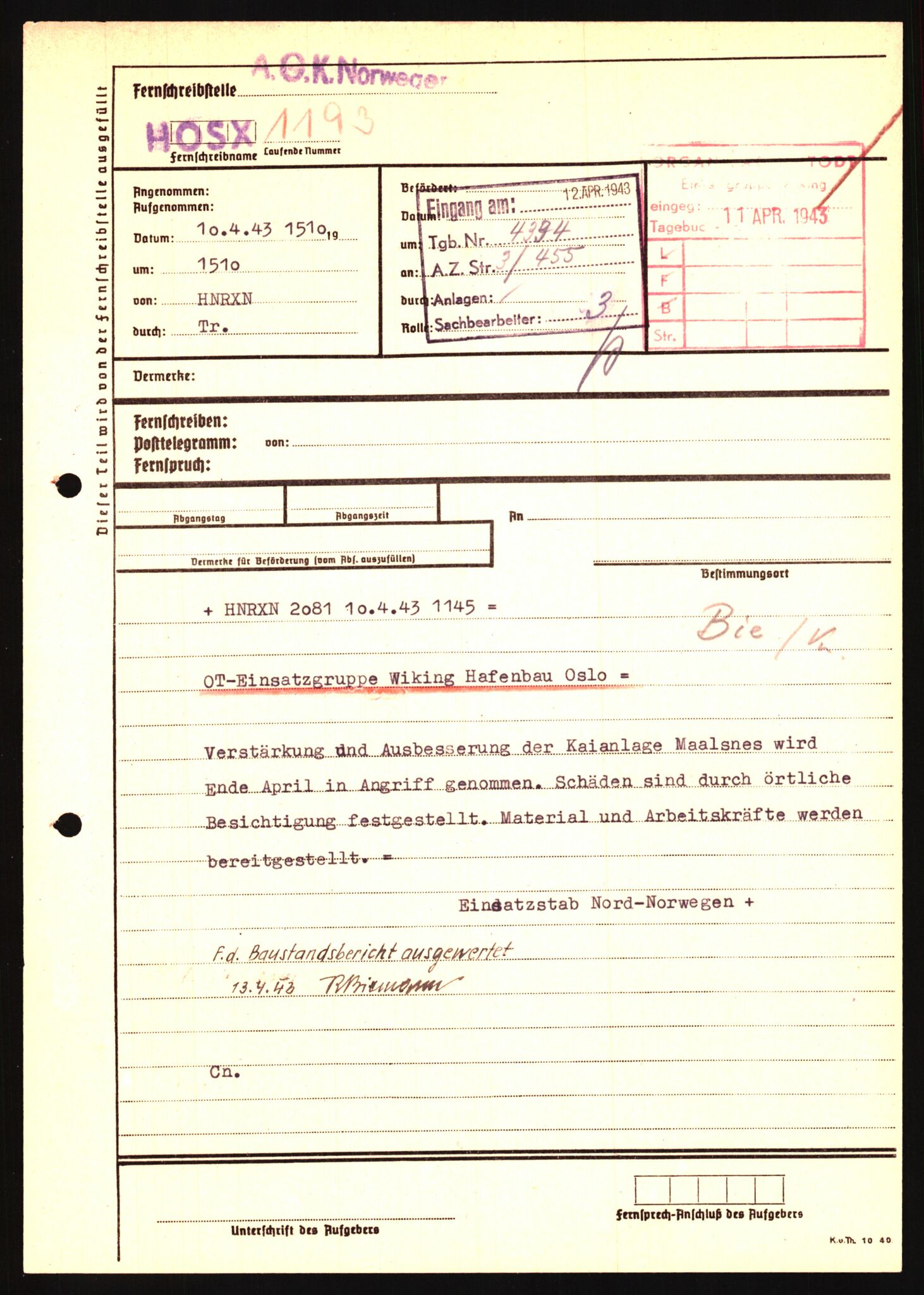 Tyske arkiver, Organisation Todt (OT), Einsatzgruppe Wiking, AV/RA-RAFA-2188/1/E/E6/E6a/L0008: 4. Oberbauleitung Narvik: Arkivkode 451-483, 1940-1945, p. 22