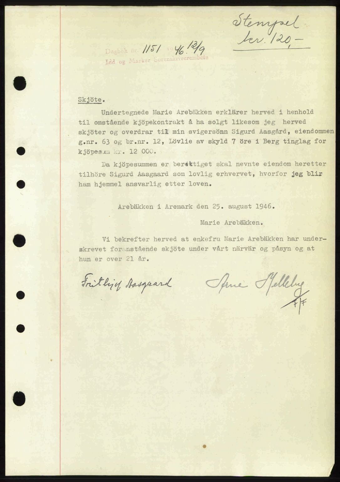 Idd og Marker sorenskriveri, AV/SAO-A-10283/G/Gb/Gbb/L0008: Mortgage book no. A8, 1946-1946, Diary no: : 1151/1946