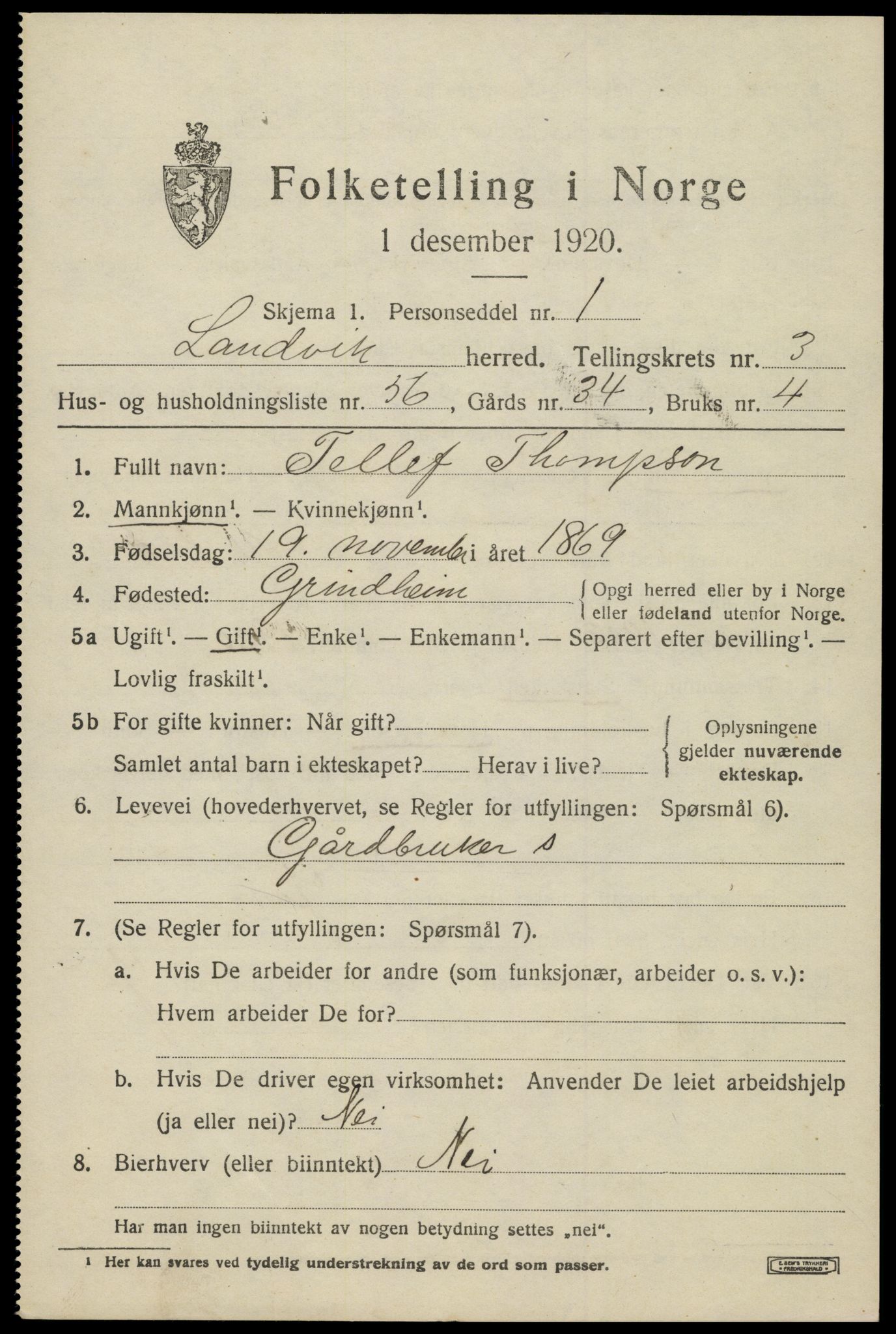 SAK, 1920 census for Landvik, 1920, p. 3432