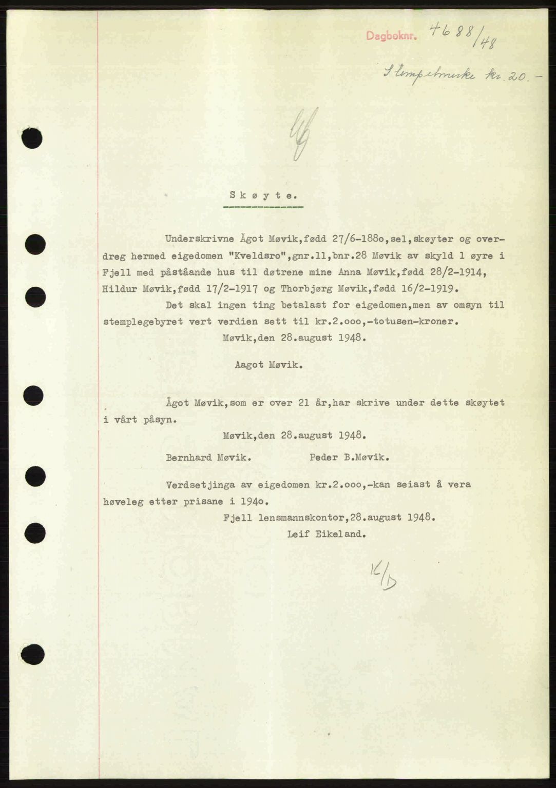 Midhordland sorenskriveri, SAB/A-3001/1/G/Gb/Gbh/L0029: Mortgage book no. A56-57, 1948-1948, Diary no: : 4688/1948