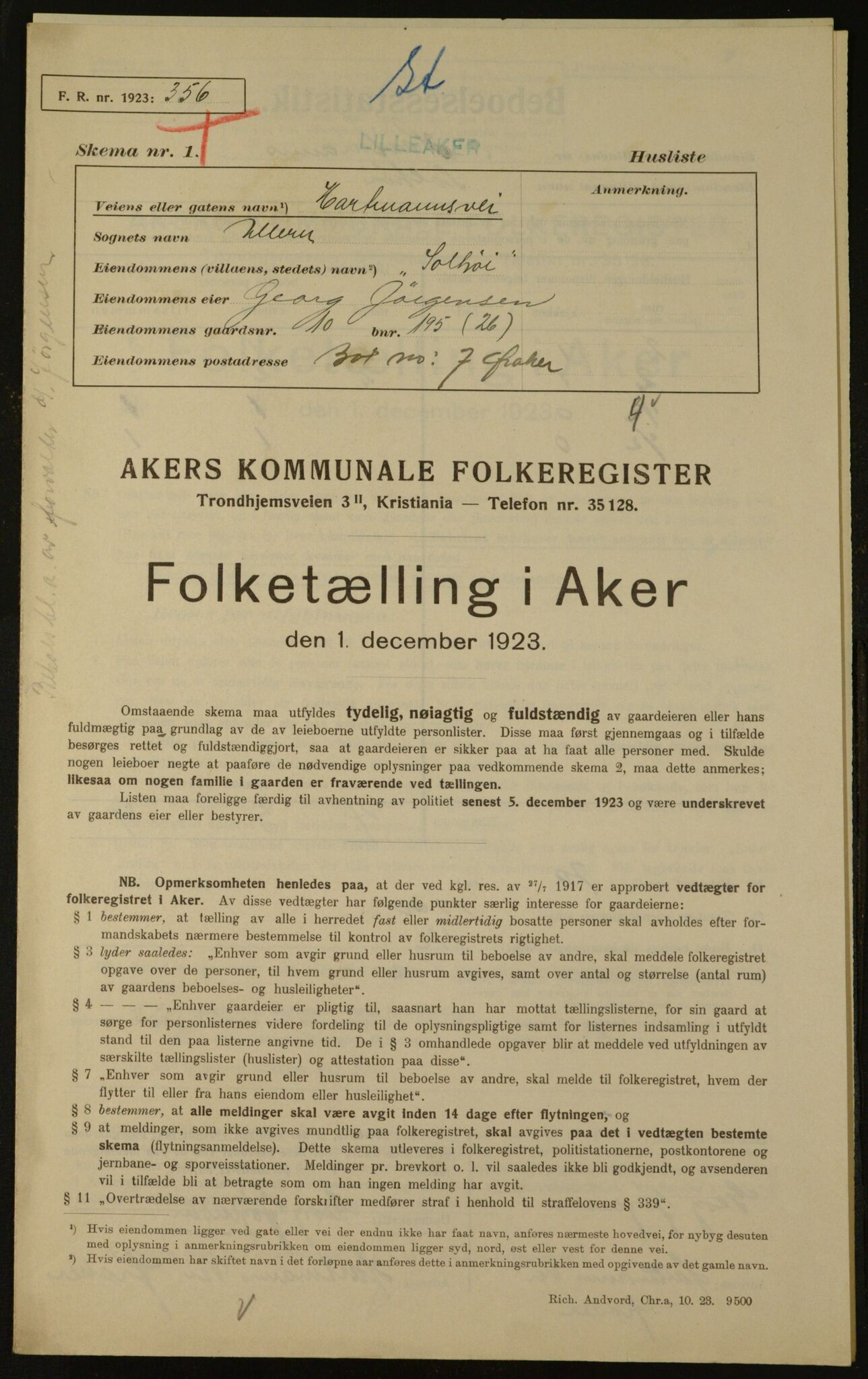 , Municipal Census 1923 for Aker, 1923, p. 2259