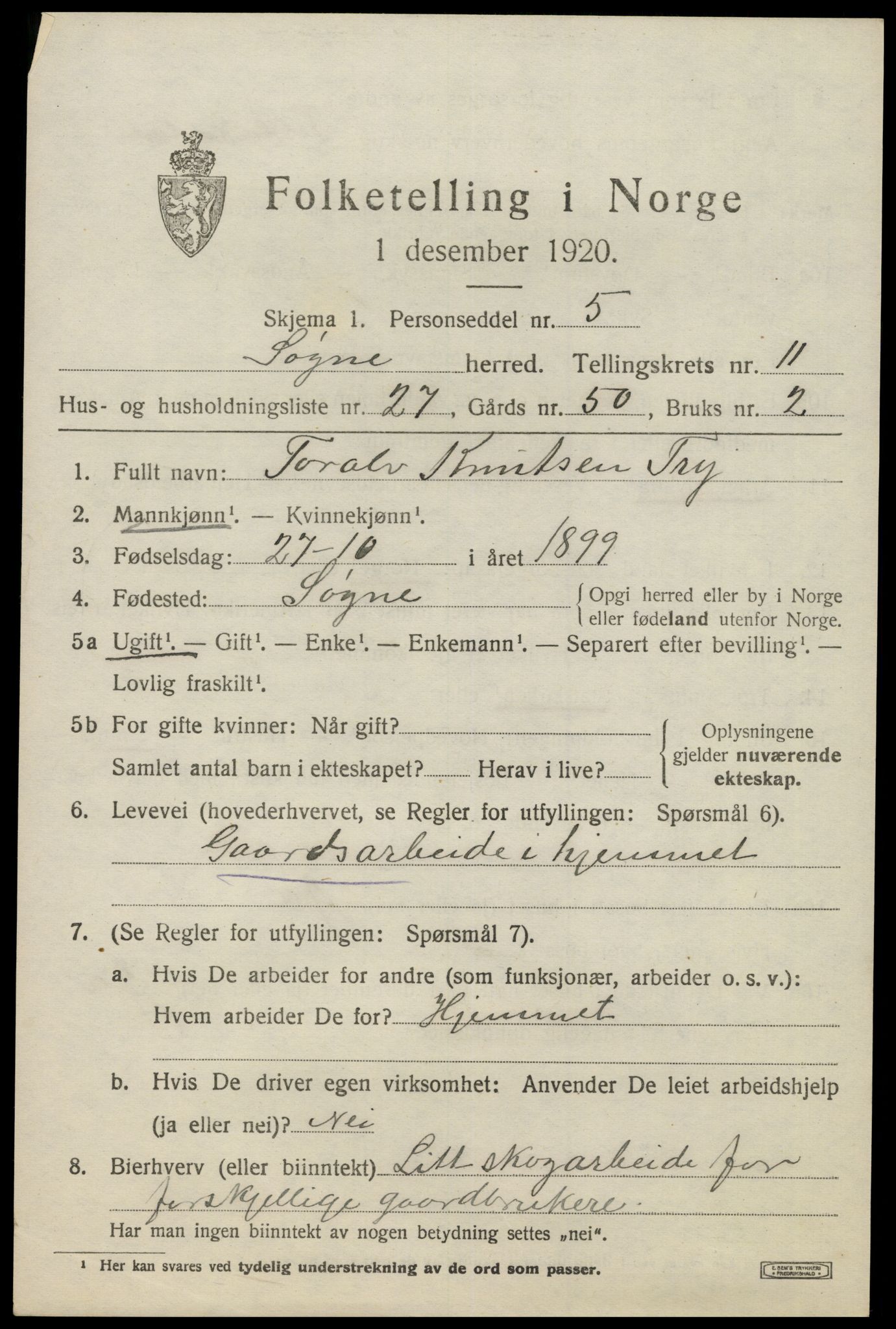 SAK, 1920 census for Søgne, 1920, p. 5919