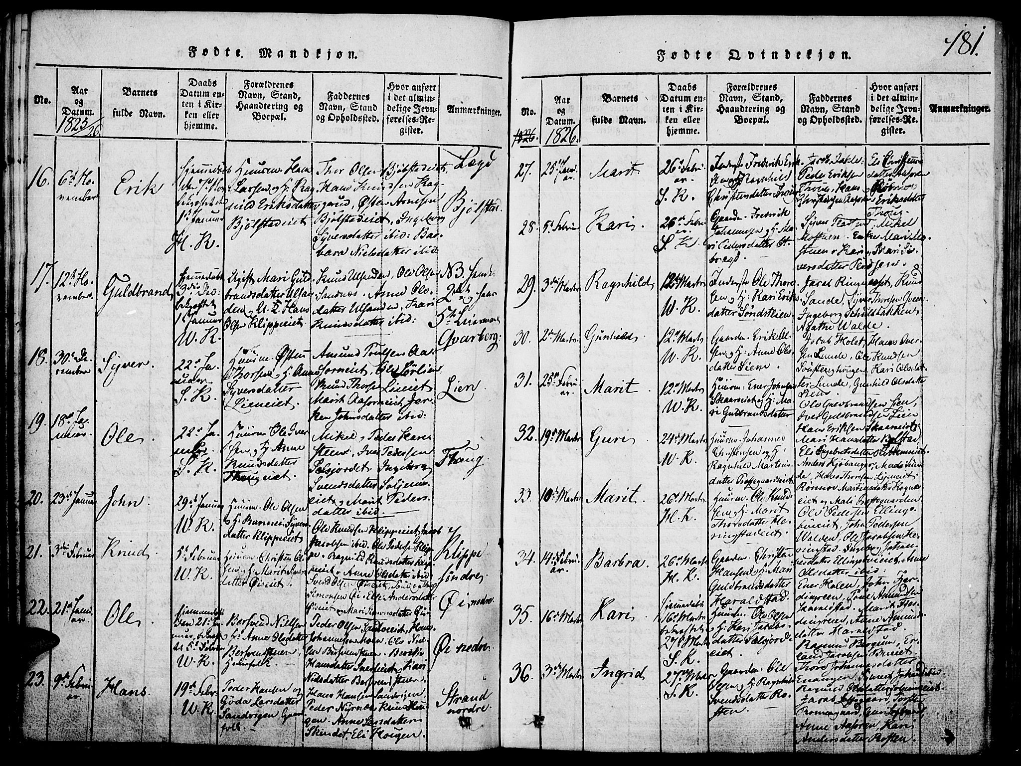 Vågå prestekontor, AV/SAH-PREST-076/H/Ha/Hab/L0001: Parish register (copy) no. 1, 1815-1827, p. 180-181