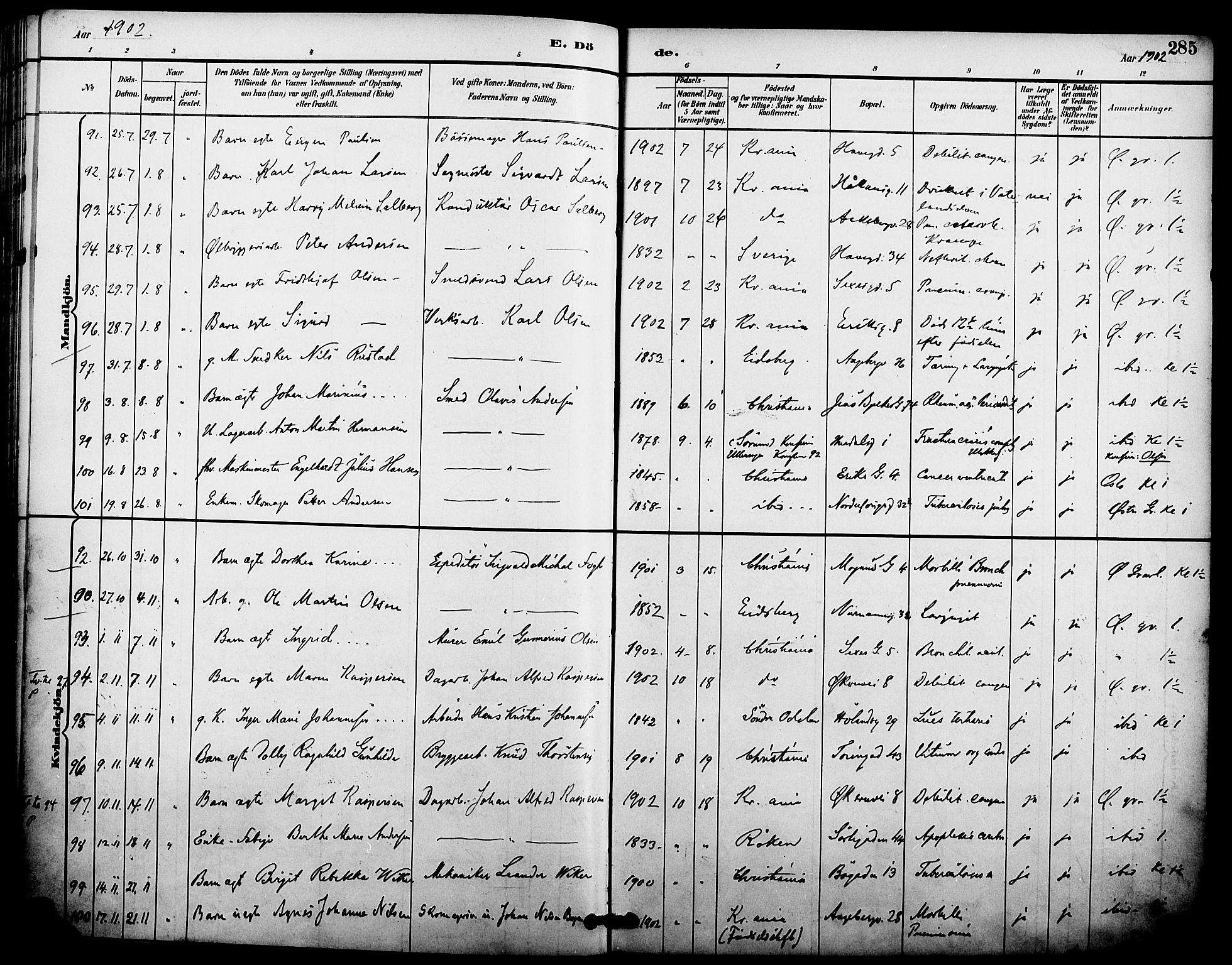 Kampen prestekontor Kirkebøker, AV/SAO-A-10853/F/Fa/L0008: Parish register (official) no. I 8, 1892-1902, p. 285