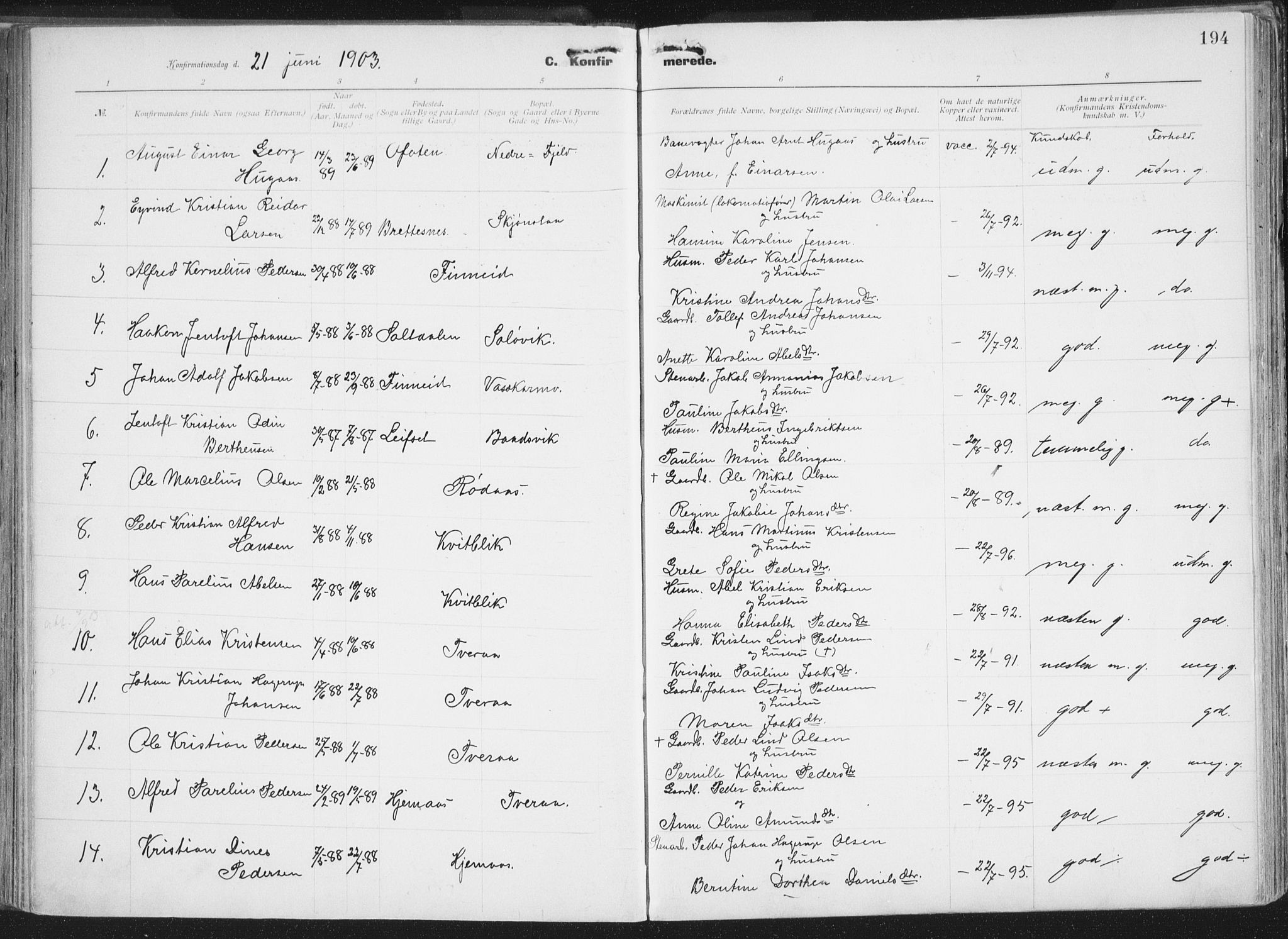 Ministerialprotokoller, klokkerbøker og fødselsregistre - Nordland, SAT/A-1459/849/L0696: Parish register (official) no. 849A08, 1898-1910, p. 194