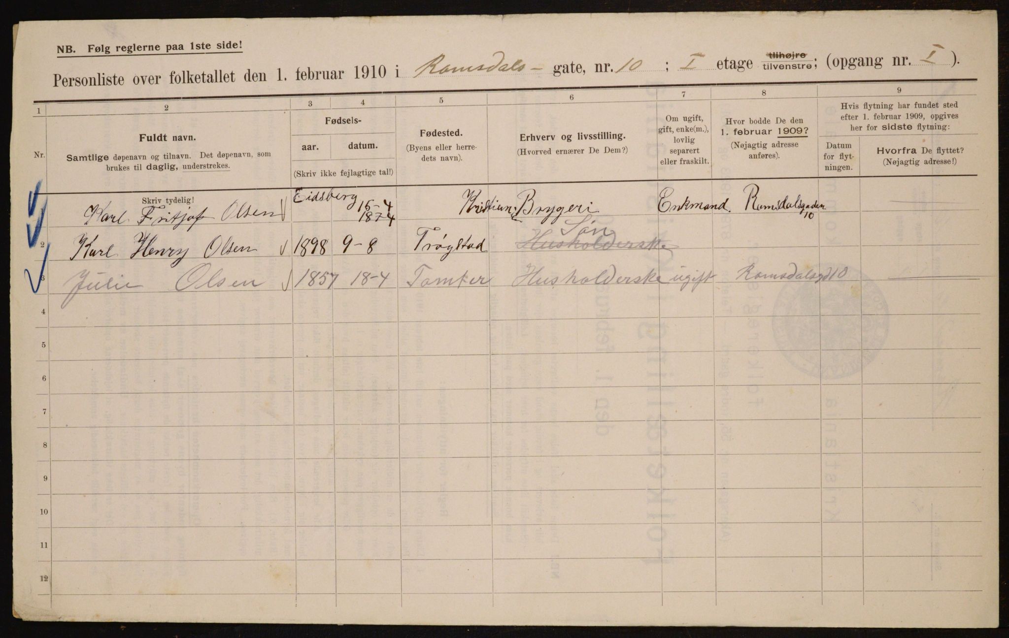 OBA, Municipal Census 1910 for Kristiania, 1910, p. 79692