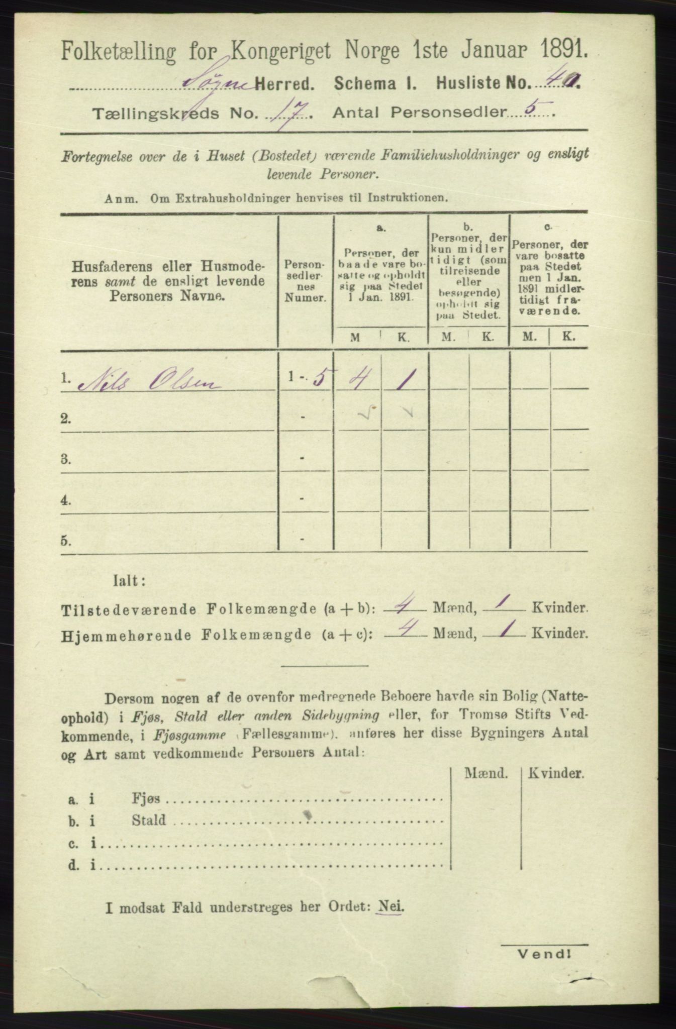 RA, 1891 census for 1018 Søgne, 1891, p. 4506