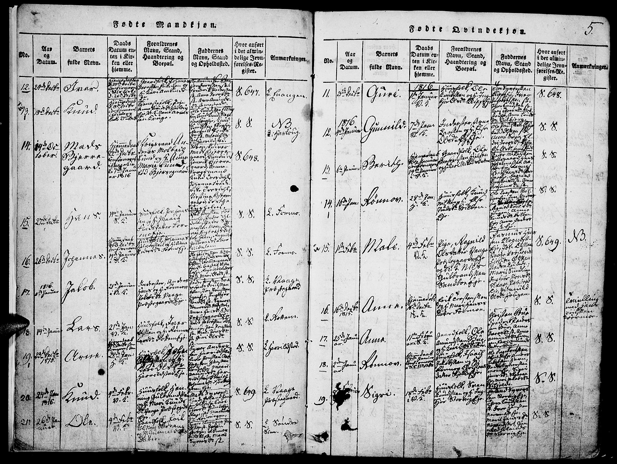Vågå prestekontor, SAH/PREST-076/H/Ha/Hab/L0001: Parish register (copy) no. 1, 1815-1827, p. 4-5