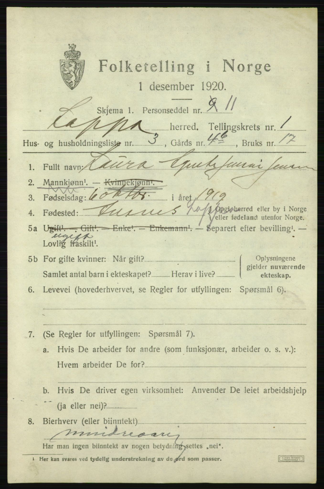 SATØ, 1920 census for Loppa, 1920, p. 664