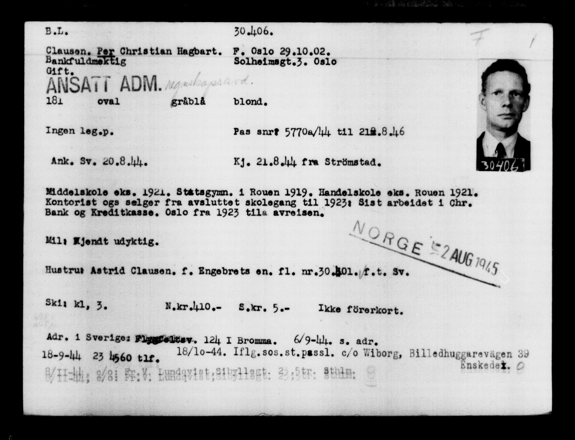 Utenriksstasjonene, Legasjonen i Stockholm, Flyktningkontoret, AV/RA-S-6753/V/Va/L0012: Kjesäterkartoteket, flyktninger med registreringsnr. 28300-31566, 1940-1945, p. 2303