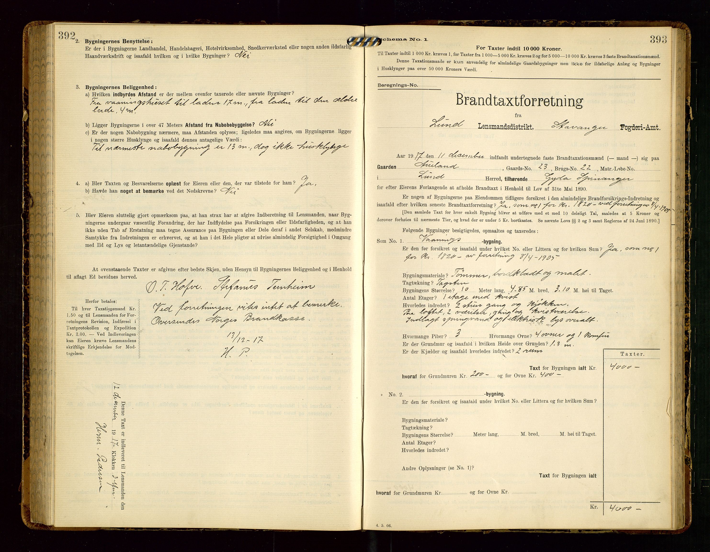 Lund lensmannskontor, SAST/A-100303/Gob/L0002: "Brandtakstprotokol", 1908-1918, p. 392-393