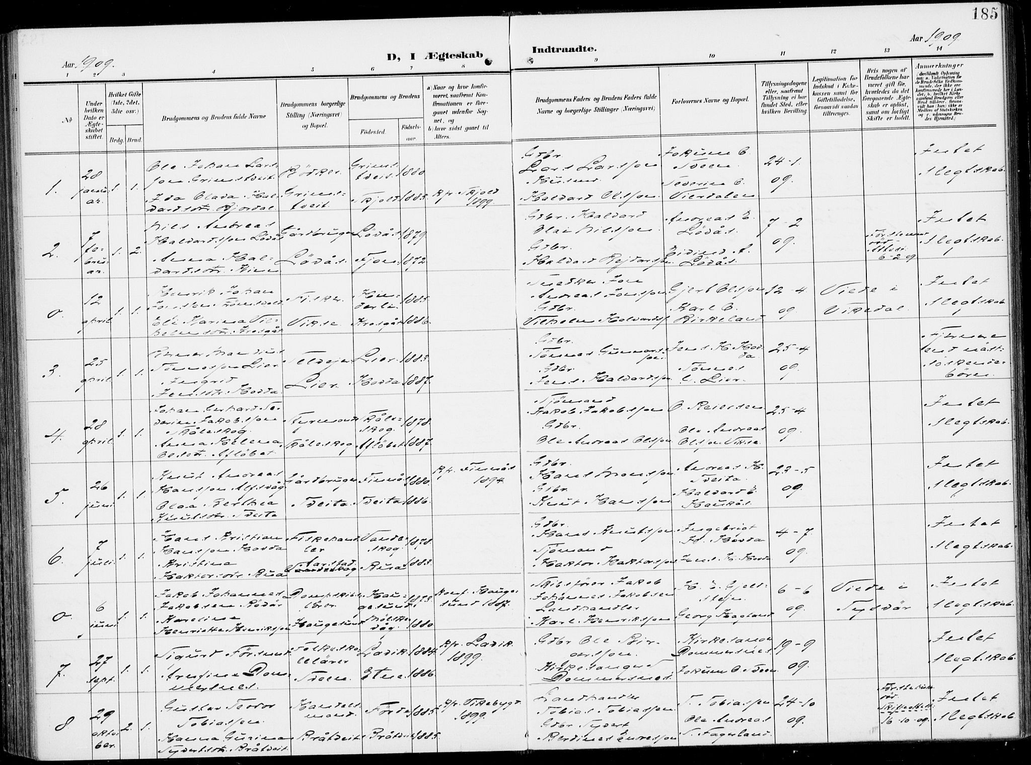 Sveio Sokneprestembete, SAB/A-78501/H/Haa: Parish register (official) no. B  4, 1906-1919, p. 185