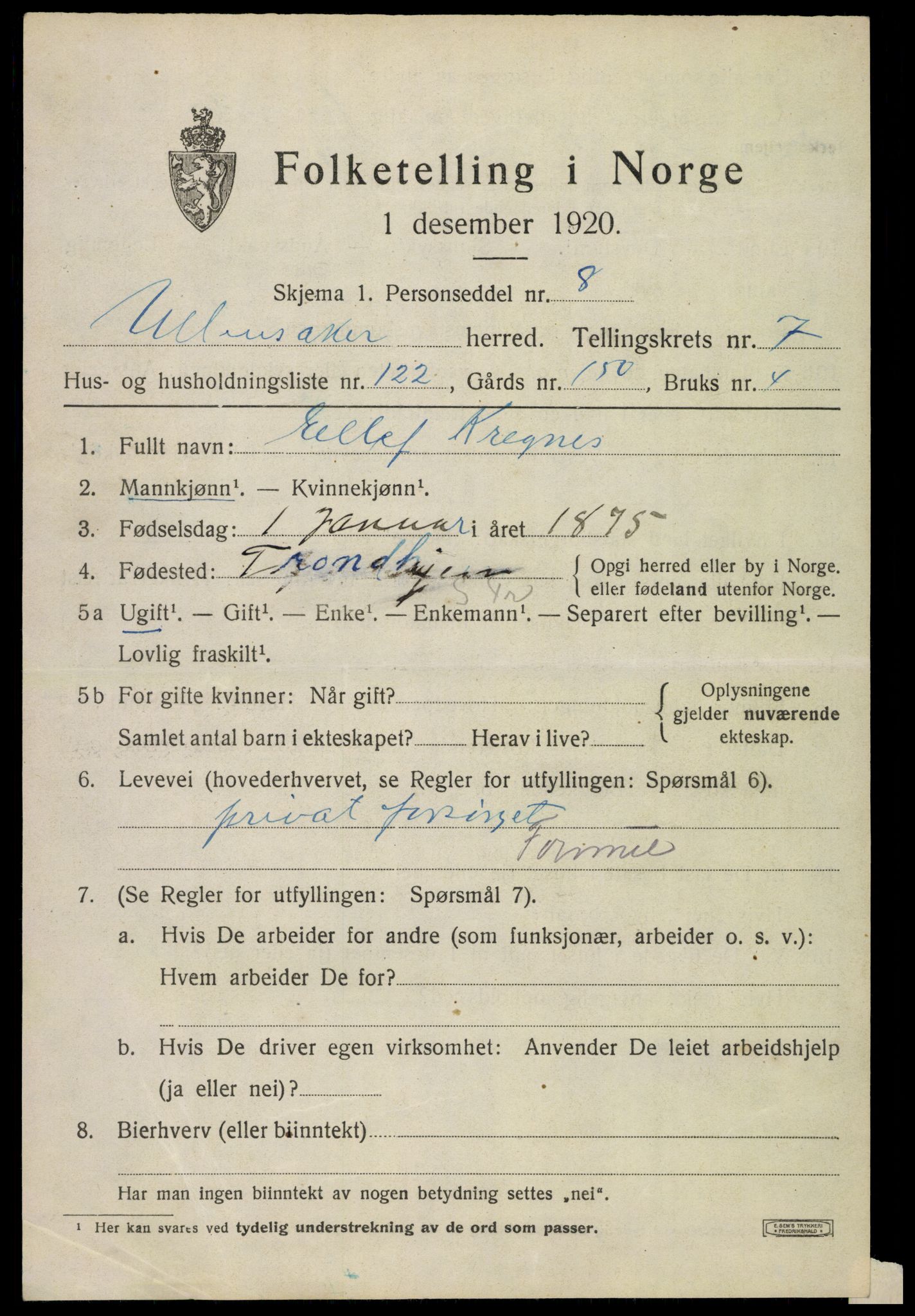 SAO, 1920 census for Ullensaker, 1920, p. 14283