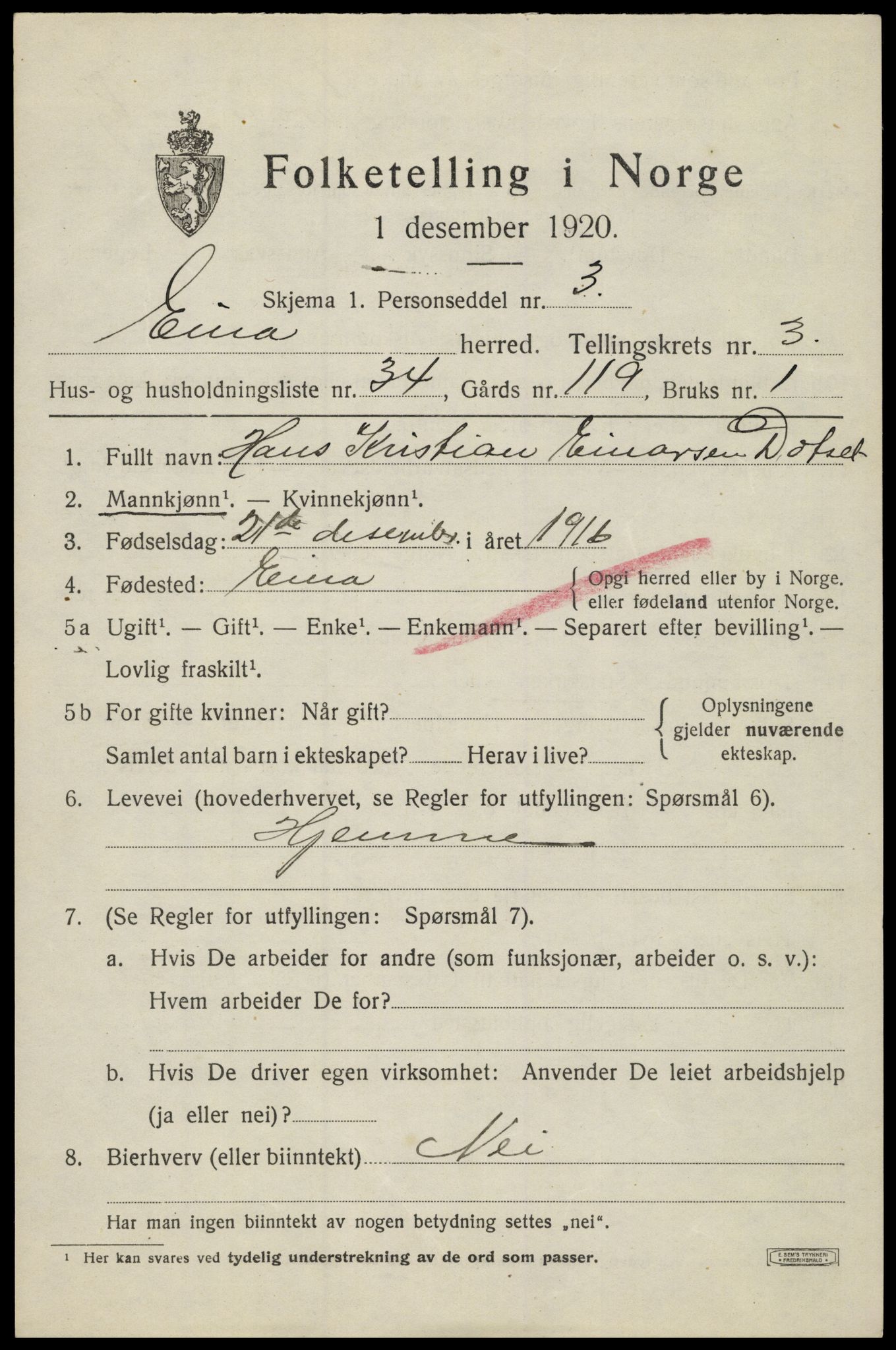 SAH, 1920 census for Eina, 1920, p. 2610