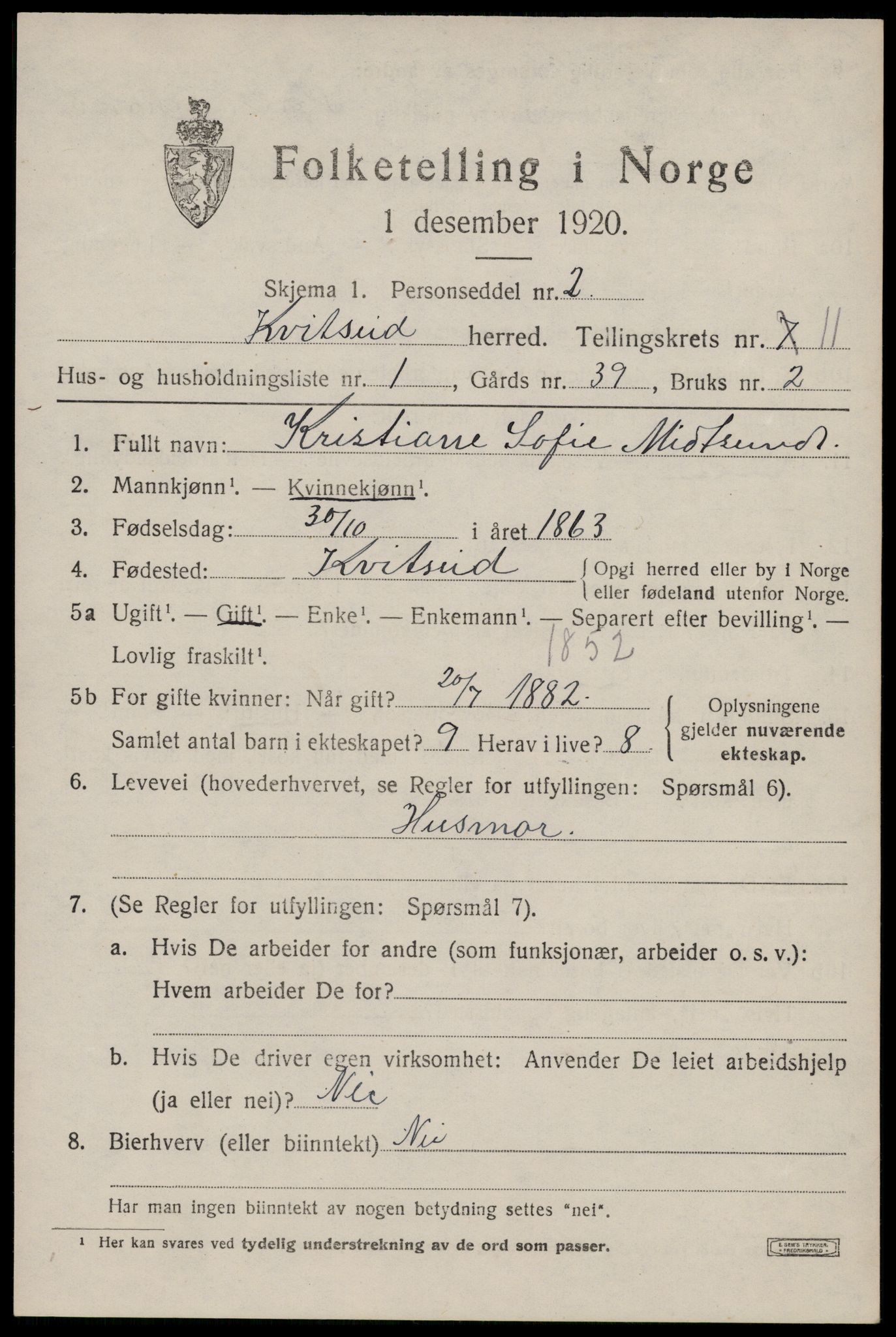 SAKO, 1920 census for Kviteseid, 1920, p. 5237