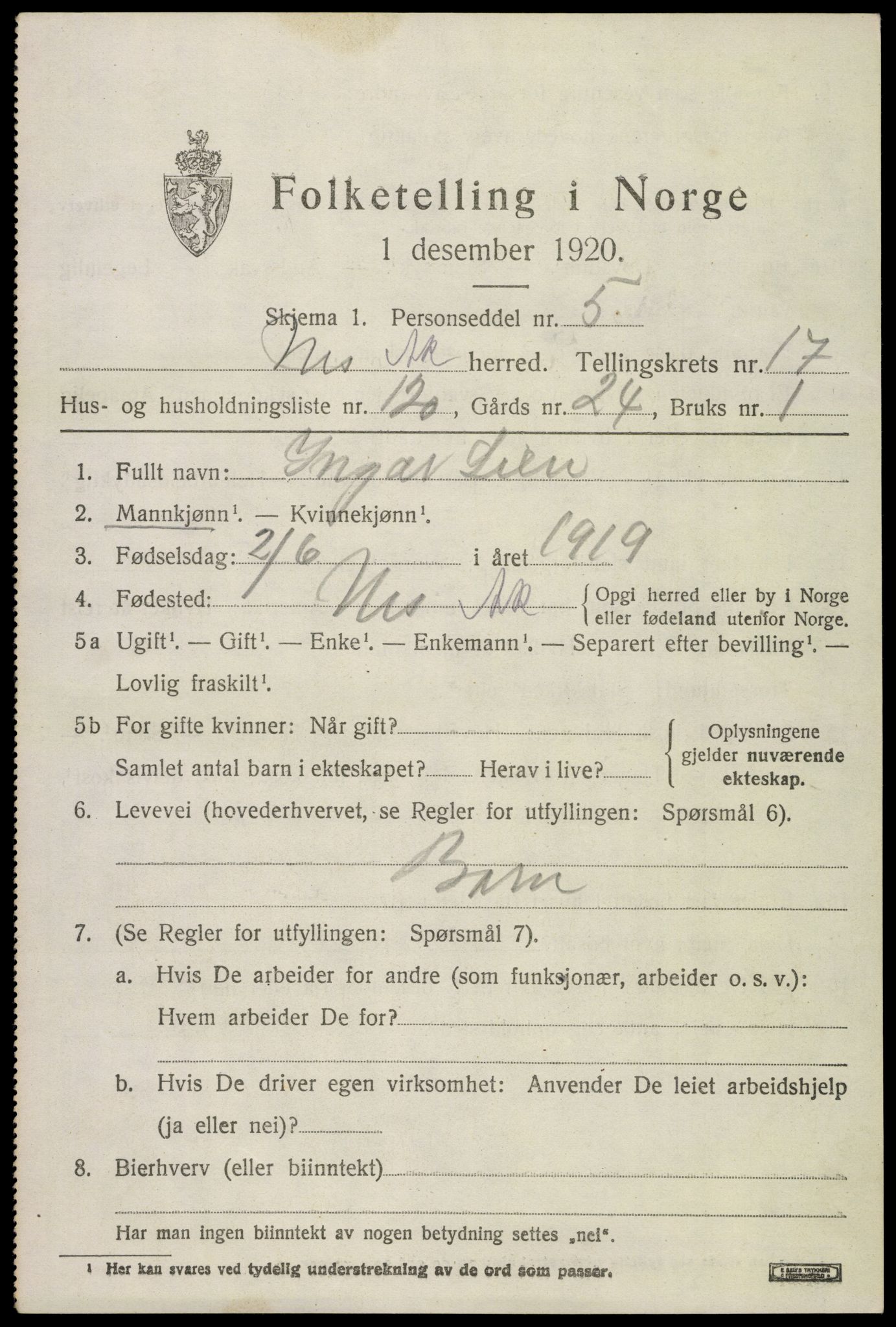 SAO, 1920 census for Nes, 1920, p. 17756