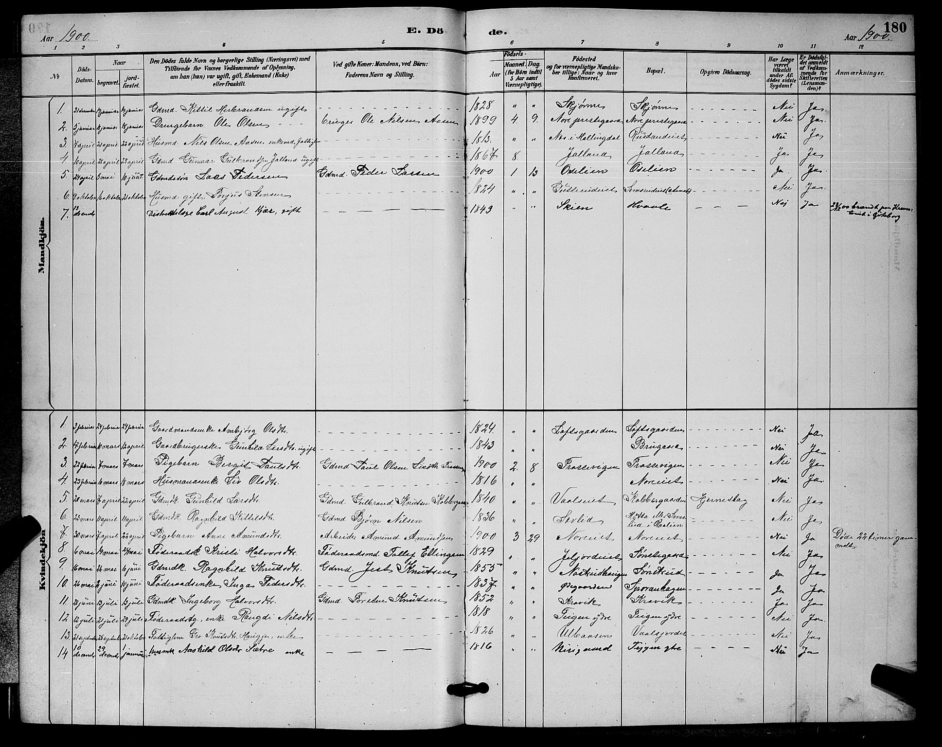 Nore kirkebøker, SAKO/A-238/G/Ga/L0003: Parish register (copy) no. I 3, 1886-1903, p. 180