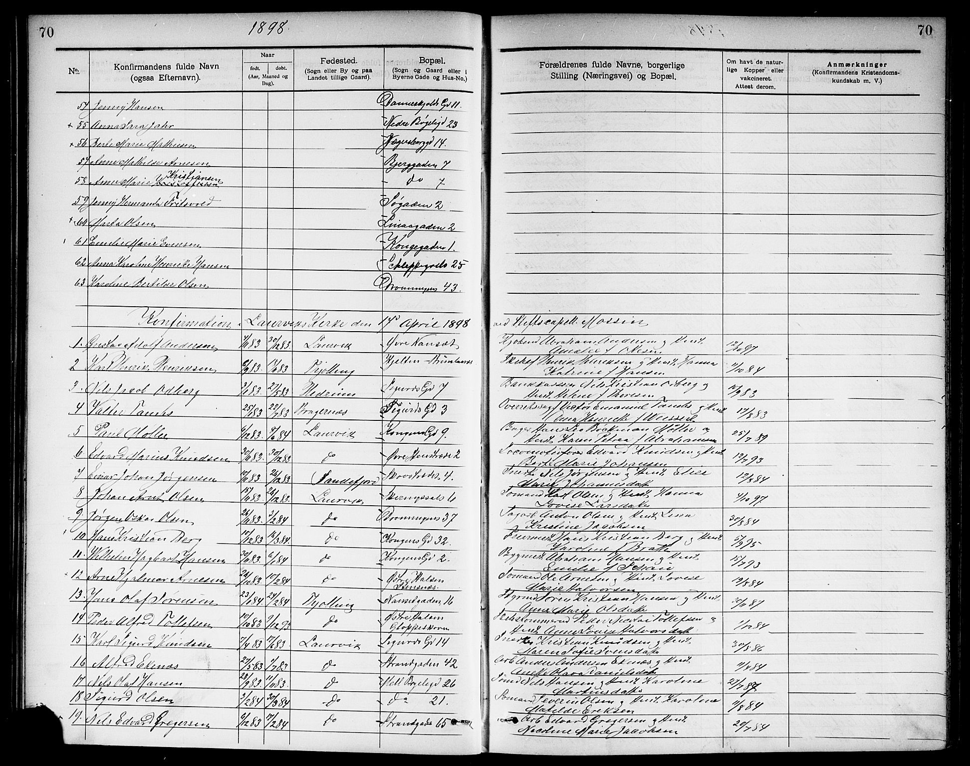 Larvik kirkebøker, SAKO/A-352/G/Ga/L0006: Parish register (copy) no. I 6, 1888-1917, p. 70