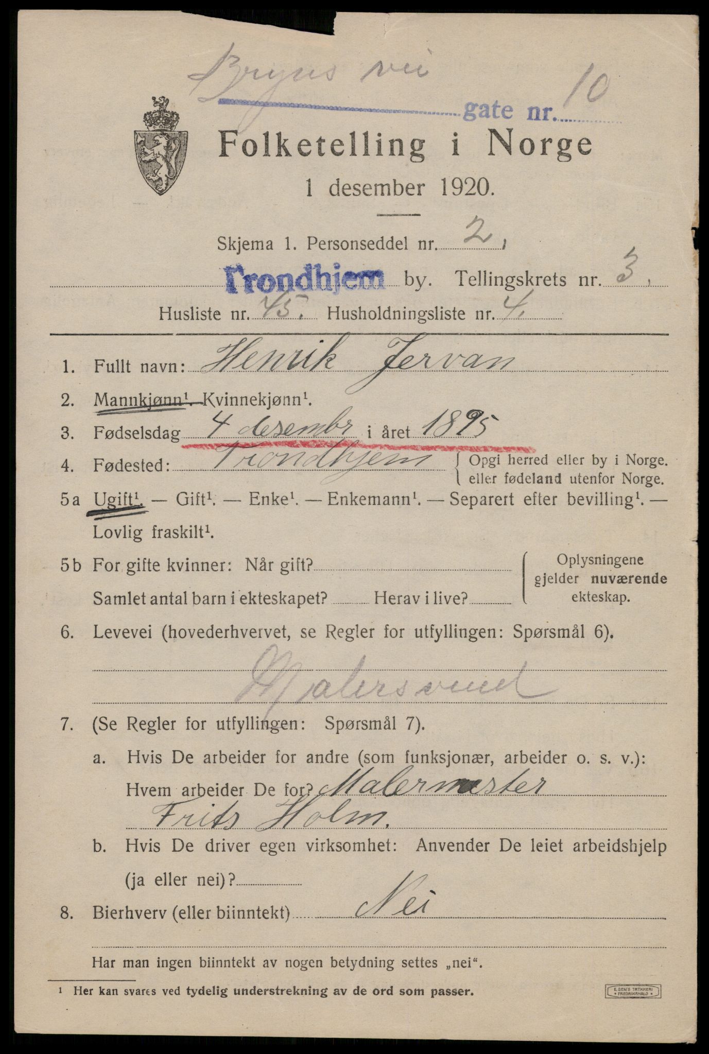 SAT, 1920 census for Trondheim, 1920, p. 36884