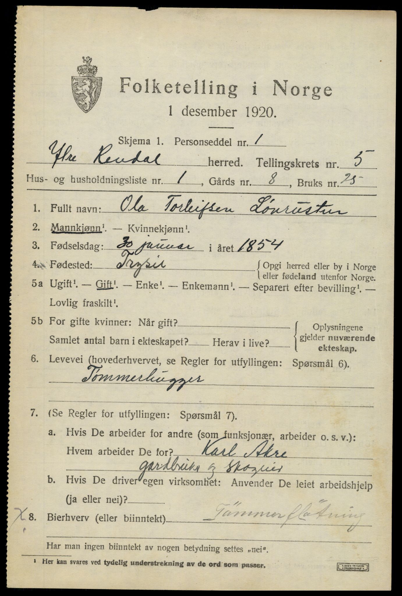 SAH, 1920 census for Ytre Rendal, 1920, p. 2639