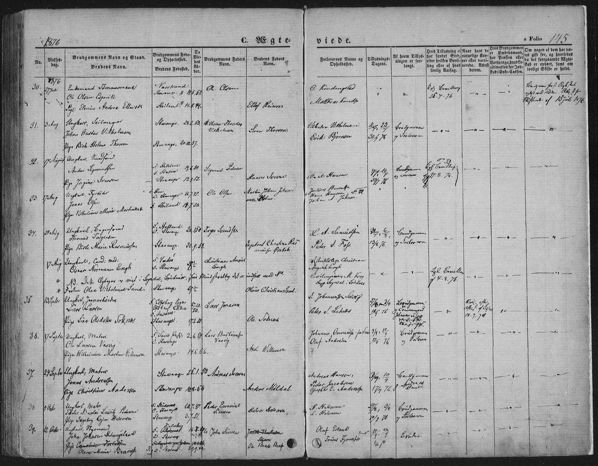 Domkirken sokneprestkontor, AV/SAST-A-101812/001/30/30BA/L0019: Parish register (official) no. A 18, 1857-1877, p. 145