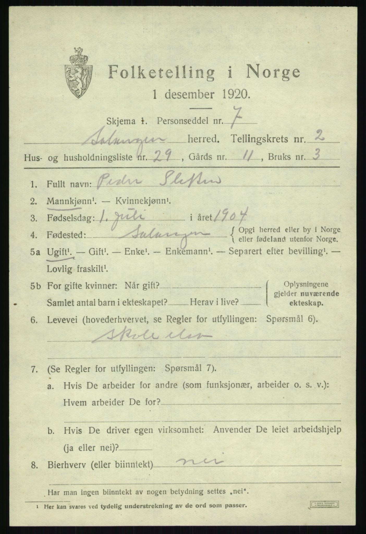 SATØ, 1920 census for Salangen, 1920, p. 1572