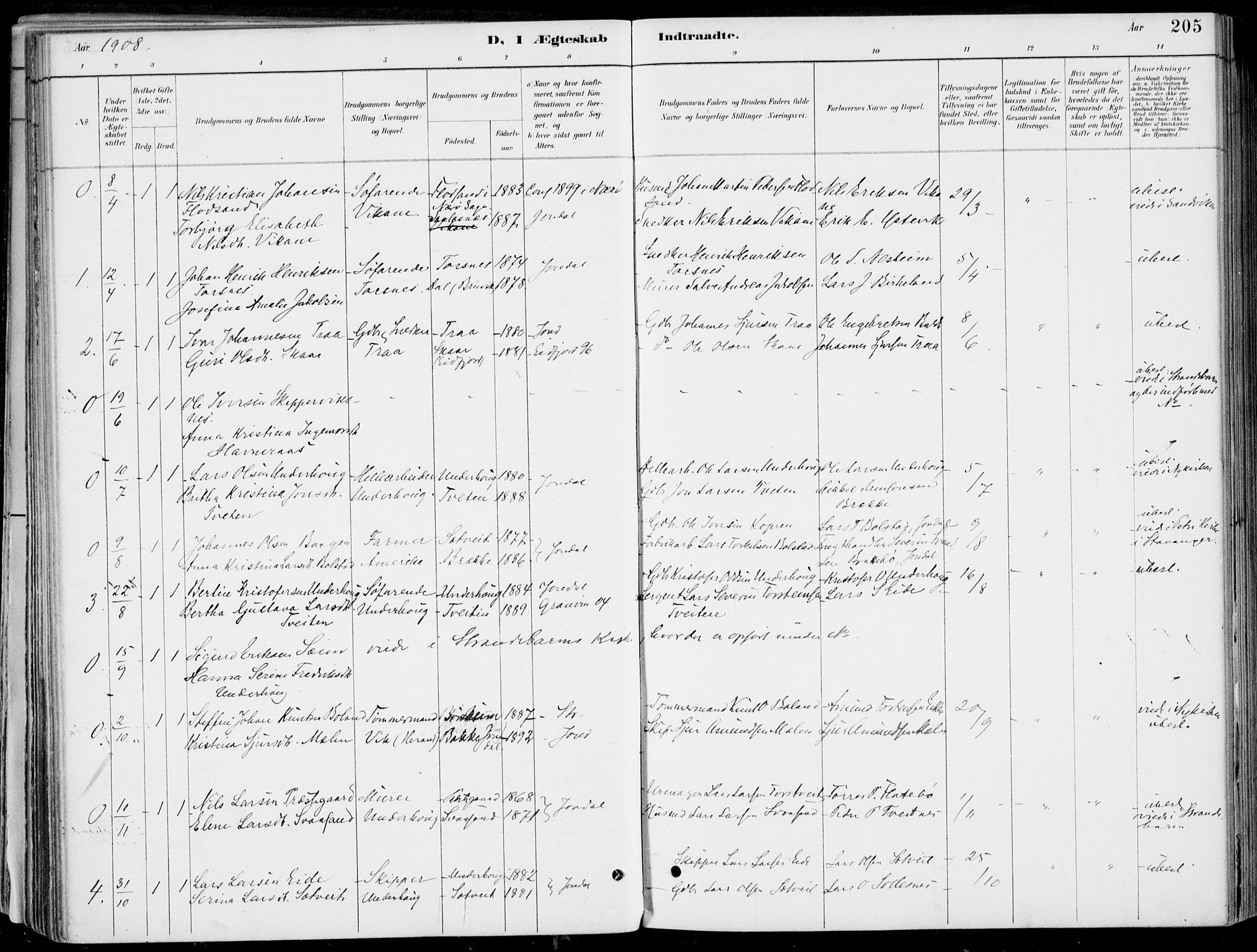 Strandebarm sokneprestembete, SAB/A-78401/H/Haa: Parish register (official) no. E  1, 1886-1908, p. 205