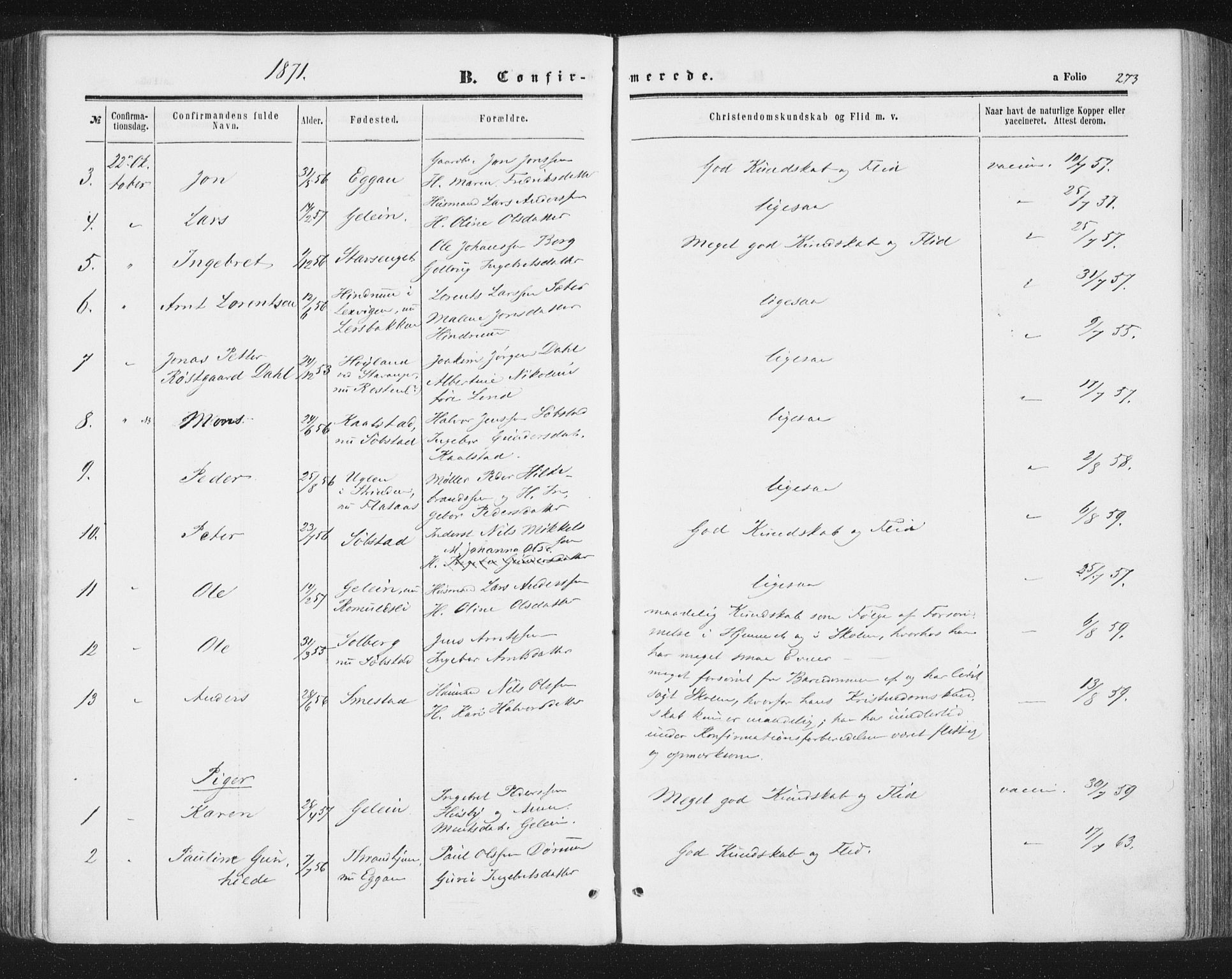 Ministerialprotokoller, klokkerbøker og fødselsregistre - Sør-Trøndelag, SAT/A-1456/691/L1077: Parish register (official) no. 691A09, 1862-1873, p. 273