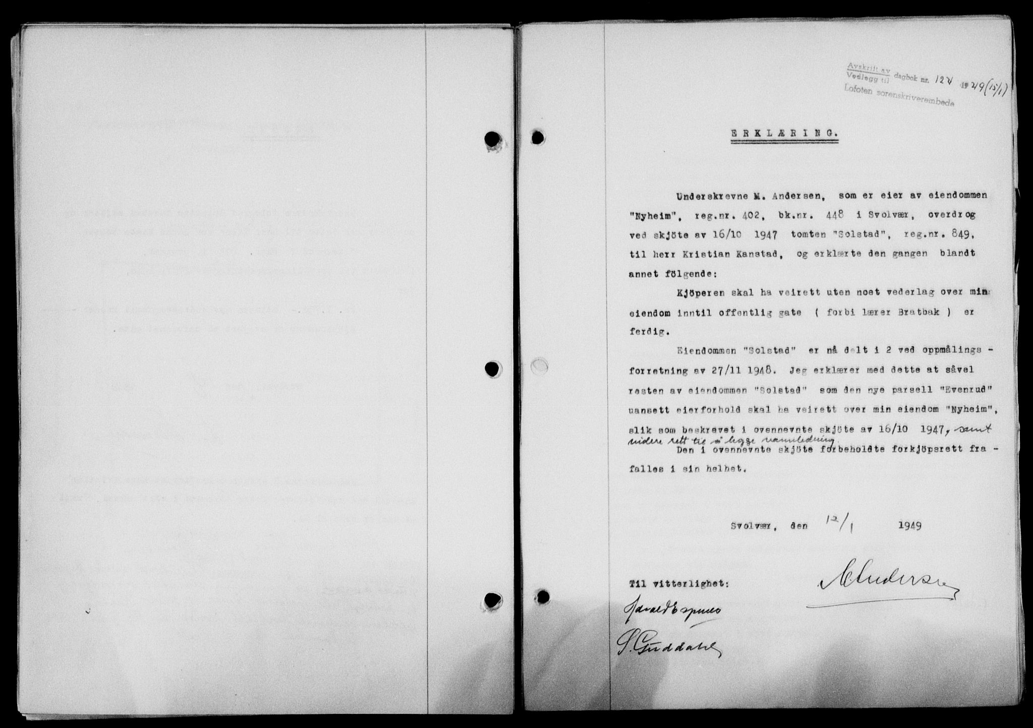 Lofoten sorenskriveri, SAT/A-0017/1/2/2C/L0020a: Mortgage book no. 20a, 1948-1949, Diary no: : 124/1949