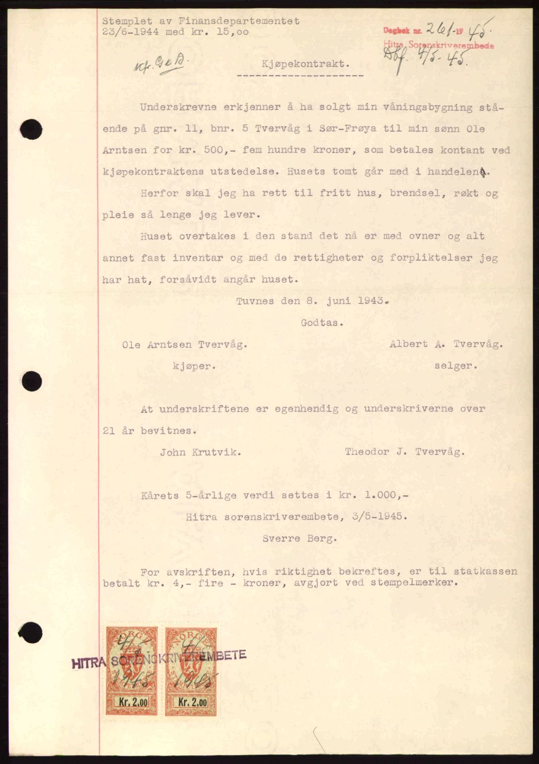 Hitra sorenskriveri, AV/SAT-A-0018/2/2C/2Ca: Mortgage book no. B1, 1939-1949, Diary no: : 261/1945