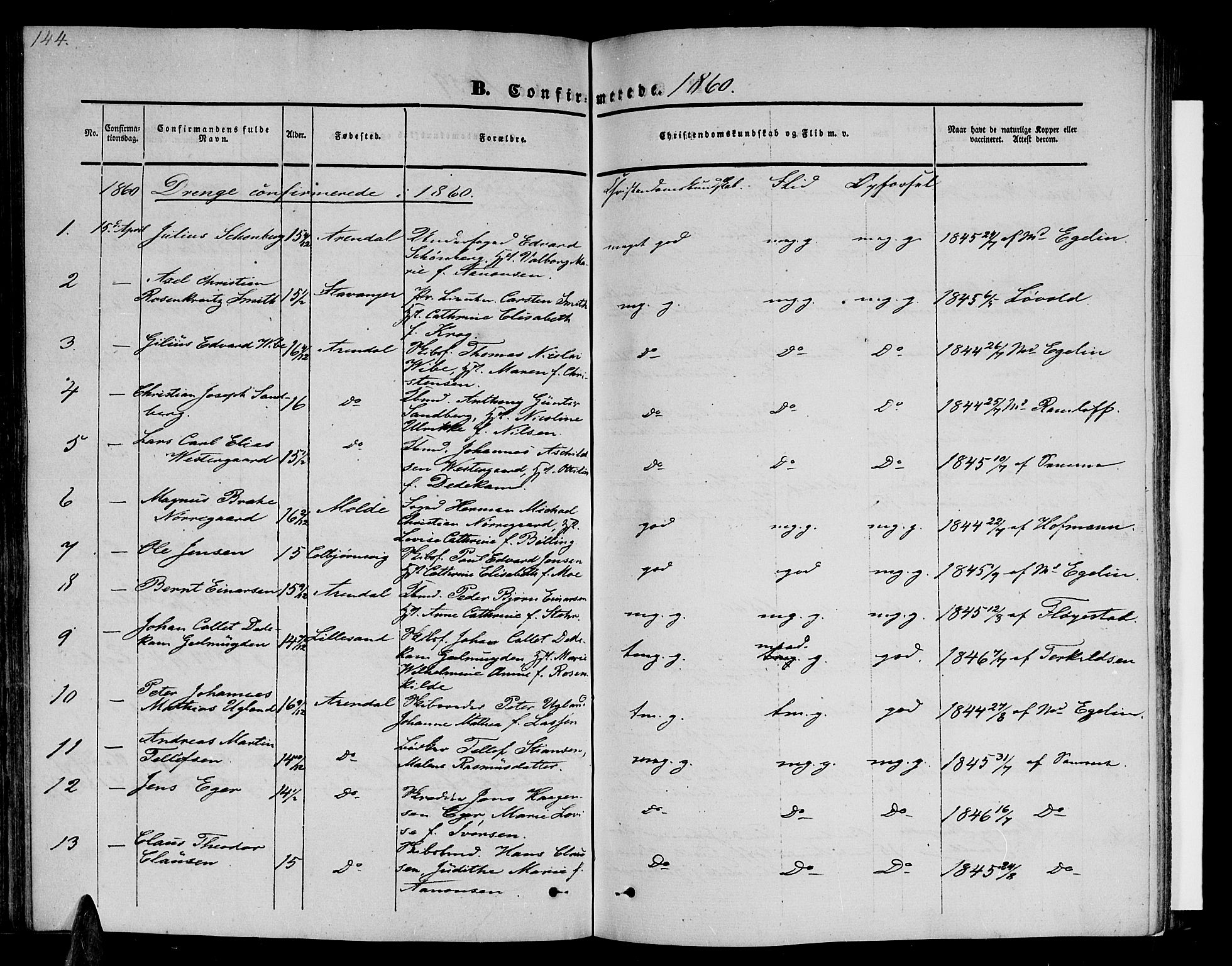 Arendal sokneprestkontor, Trefoldighet, SAK/1111-0040/F/Fb/L0002: Parish register (copy) no. B 2, 1838-1860, p. 144