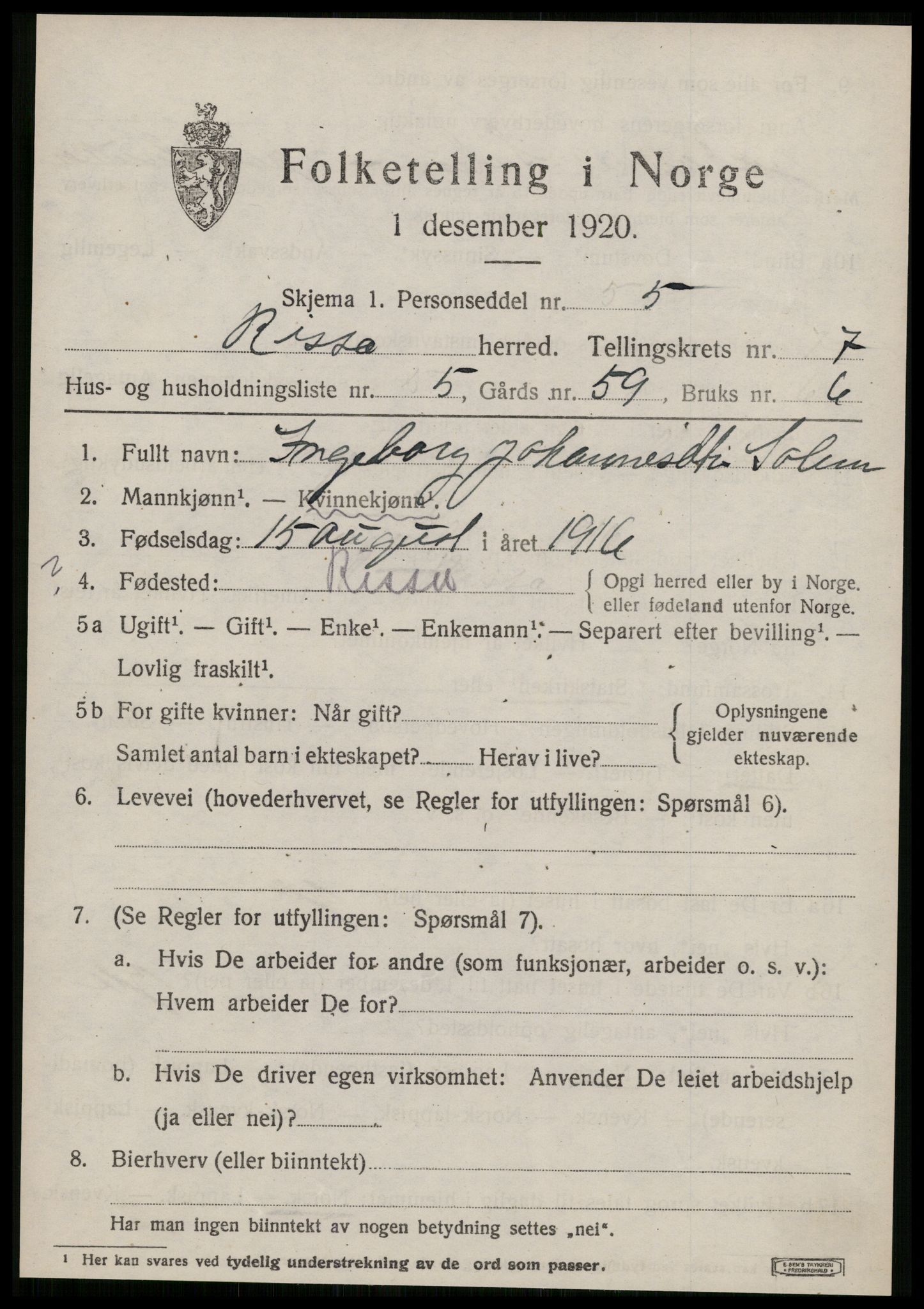 SAT, 1920 census for Rissa, 1920, p. 4843